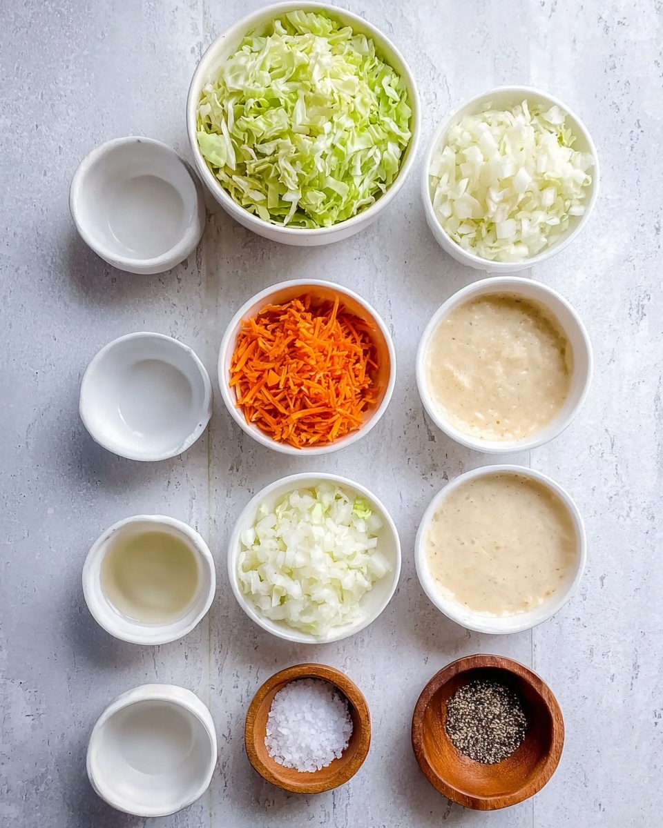 This image shows an overhead view of several small white bowls on a white marbled surface, arranged in a grid. The top bowl is filled with chopped green cabbage. Below it, from left to right, there is a bowl with shredded orange carrots, a bowl with finely chopped white onions, and a creamy beige sauce in the third bowl. The next row has three empty white bowls. The bottom row features a small bowl with a clear liquid on the left, a small empty bowl in the center, a small wooden bowl filled with coarse salt on the right, and another small wooden bowl with black pepper beside it. Photo taken with an iphone --ar 4:5 --v 7