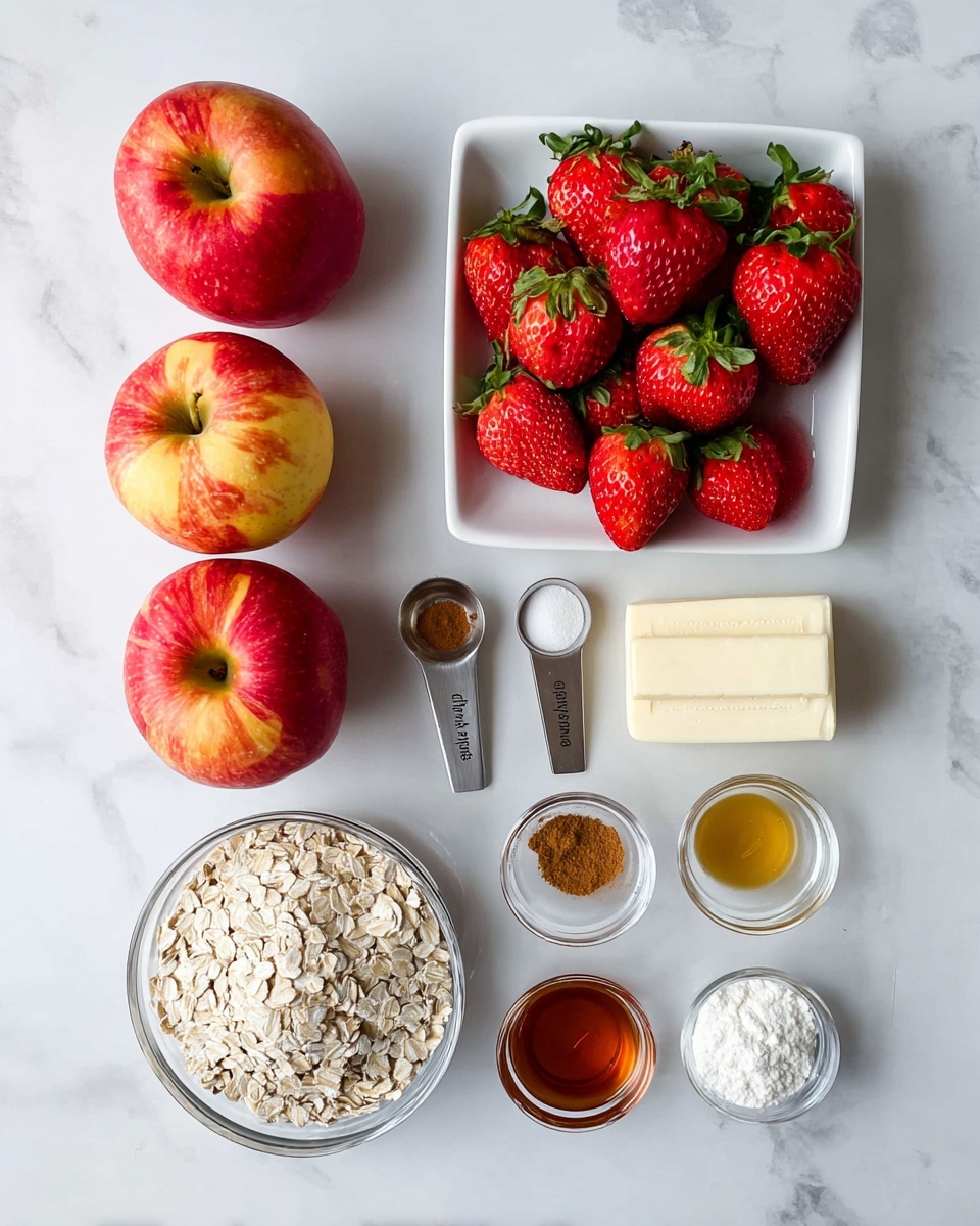 The image shows a white marbled surface with three whole red apples with yellow patches placed on the left side. On the right, there is a white square bowl filled with bright red strawberries with green leafy tops. Below the apples, two small silver measuring spoons hold white salt and brown cinnamon powder. Moving downward, a small clear glass bowl filled with rolled oats is positioned near the bottom left, and next to it is a larger clear glass bowl filled with white flour. On the right side of these bowls, there are three small white bowls arranged vertically, holding clear liquid oil, brown liquid honey, and white flour, respectively. A small yellow stick of butter with measurement marks is sitting near the middle of the image. Everything is neatly arranged on the clean white marbled surface. photo taken with an iphone --ar 4:5 --v 7