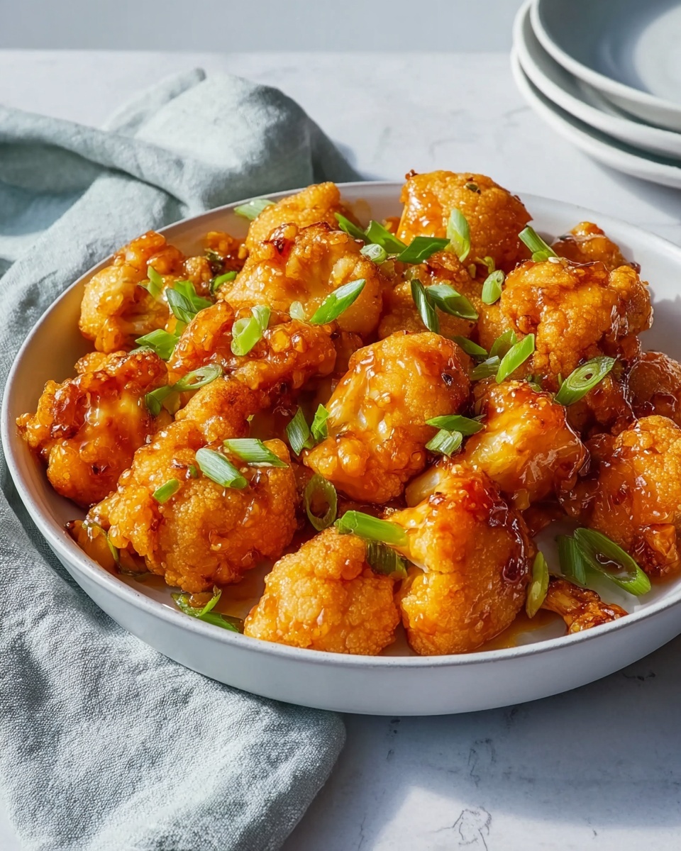 A white bowl filled with many pieces of golden brown fried cauliflower, each piece coated in a shiny orange sauce. The cauliflower pieces are topped with small slices of bright green spring onions scattered all around. The bowl is placed on a white marbled surface with a light gray cloth and white plates in the blurred background. The lighting is soft and natural, highlighting the texture of the cauliflower and the glossiness of the sauce photo taken with an iphone --ar 4:5 --v 7