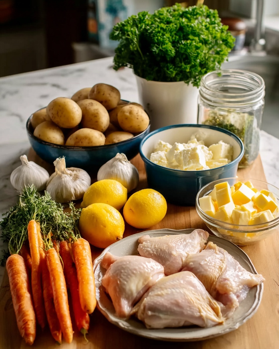 The image shows a wooden table with several food ingredients arranged in groups. On the left, there are three heads of garlic and a small glass bowl containing two bright yellow lemons. Near the center, a bunch of fresh orange carrots lies next to a small bundle of green herbs. Behind these, there is a bowl full of small round light brown potatoes and next to it a blue bowl filled with white creamy cheese. To the right, there is a white bowl filled with chunky yellow cubes of butter, and in front of this bowl are four pieces of raw chicken with pale skin, placed on a shallow round plate. At the back, a bunch of green parsley sits in a white pot, and beside it, a glass jar is visible. The surface beneath all items is a white marbled texture. photo taken with an iphone --ar 4:5 --v 7