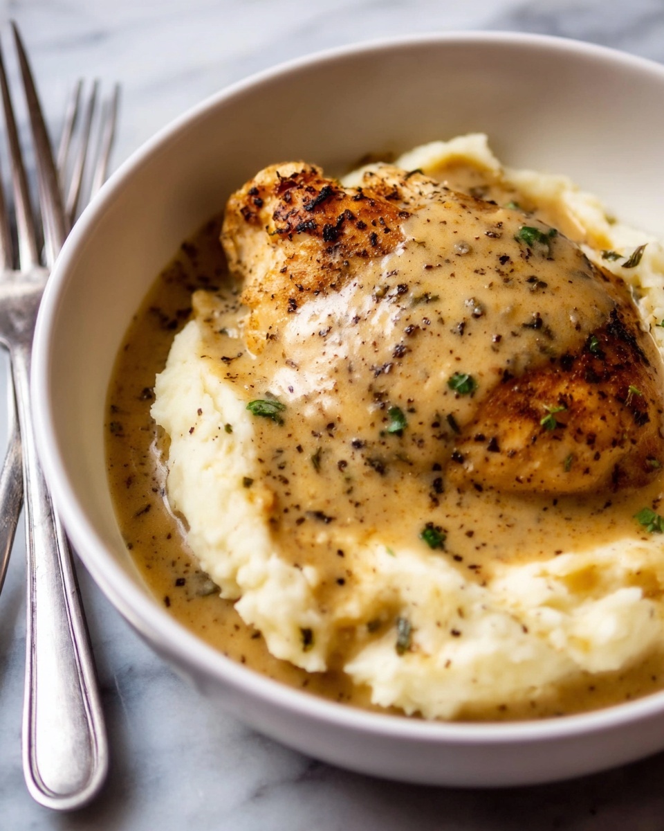 A white bowl filled with a smooth layer of creamy mashed potatoes at the bottom, topped by a golden-brown cooked chicken piece that is covered with a thick layer of light brown gravy sprinkled with black pepper and small green herb bits. The bowl rests on a white marbled surface with a fork and knife placed on the left side. Photo taken with an iphone --ar 4:5 --v 7