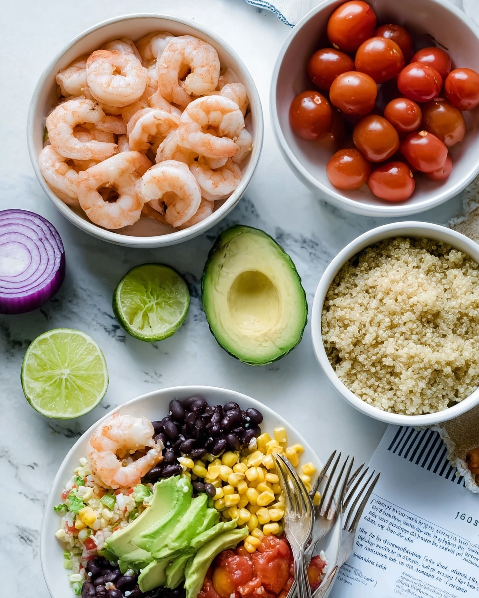 The image shows a white bowl filled with cooked shrimp with a pinkish color and smooth texture near the top right, and a white bowl with shiny red cherry tomatoes next to it. Below, there is a white bowl with light beige cooked quinoa on the right side. An avocado sliced in half with its green flesh is placed near the center. On the lower left, there is a white plate holding a colorful salad with layers including pink shrimp, black beans, corn, red tomatoes, and green avocado slices, arranged in rows. There is a purple onion and two lime halves on the left, all placed on a white marbled surface with a woman's hand holding a fork near the salad. A recipe sheet is slightly visible near the bottom right. Photo taken with an iphone --ar 4:5 --v 7