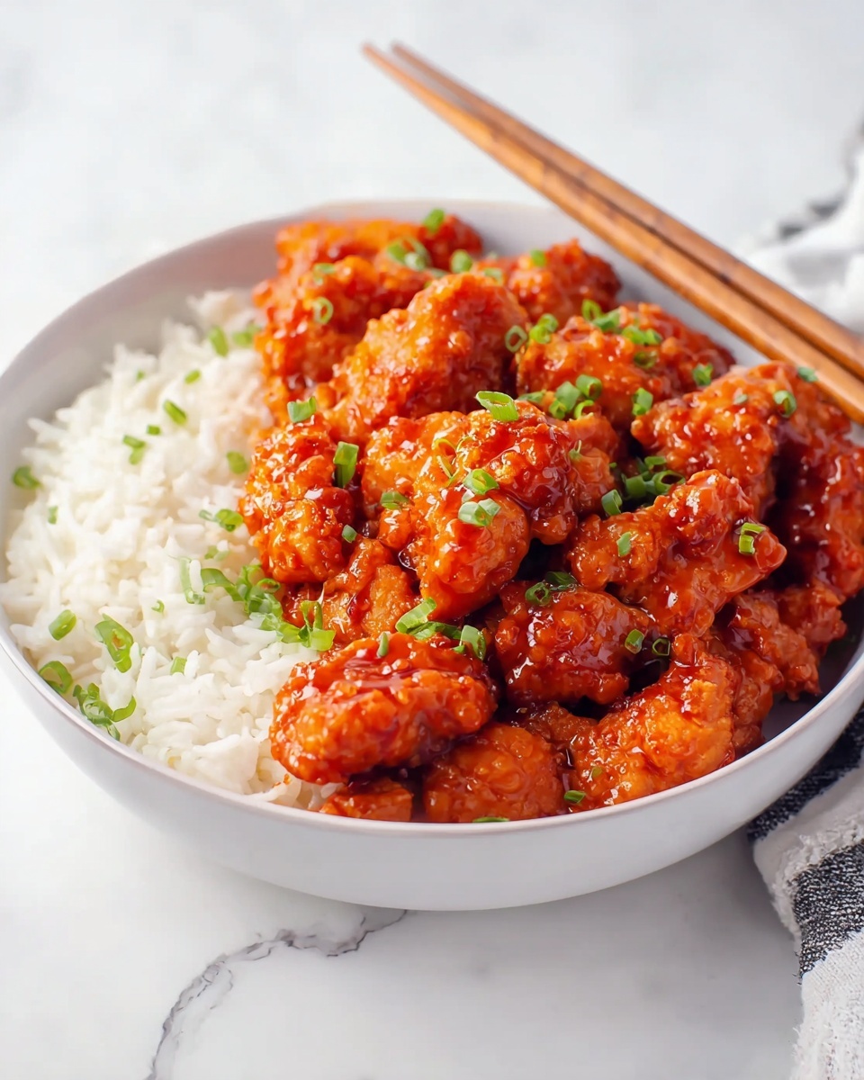 A white bowl contains two layers: the bottom half is filled with plain white rice, and the top half holds many pieces of bright red-orange sauced chicken, each piece covered in a shiny thick sauce. The chicken pieces are sprinkled with small green chopped scallions. On top of the bowl rest a pair of wooden chopsticks. The bowl sits on a white marbled surface. photo taken with an iphone --ar 4:5 --v 7