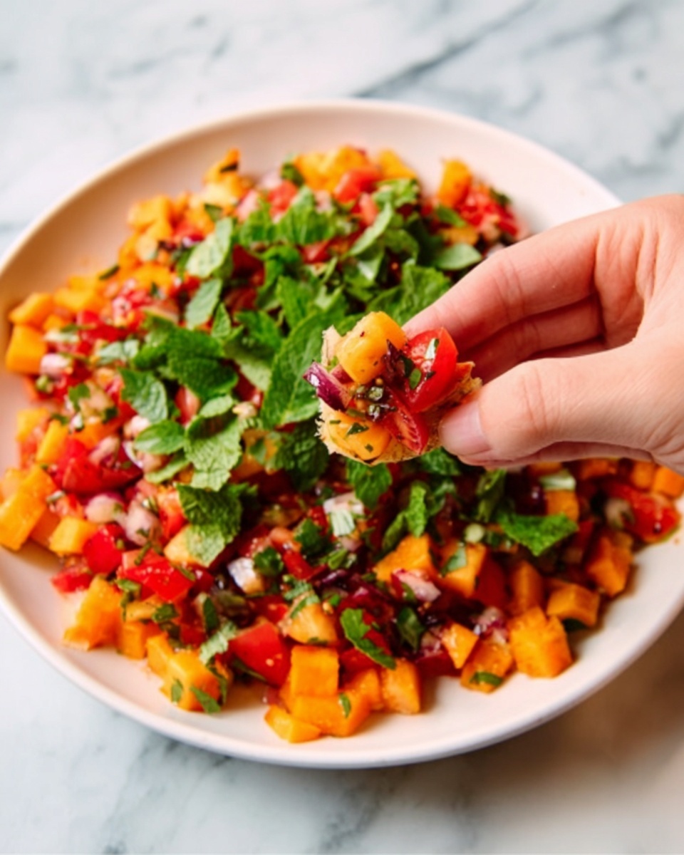 A close-up image shows a white plate with a colorful mixed salad. The salad has three main layers: the bottom layer is a mix of small orange cubes, possibly sweet potatoes or squash; the middle layer contains bright red chopped tomatoes; and the top layer has finely chopped green herbs scattered evenly across the salad. A woman's hand is holding a small portion of the salad with some green leaves and orange cubes, pinching it gently. The background and surface are a white marble texture. Photo taken with an iphone --ar 4:5 --v 7
