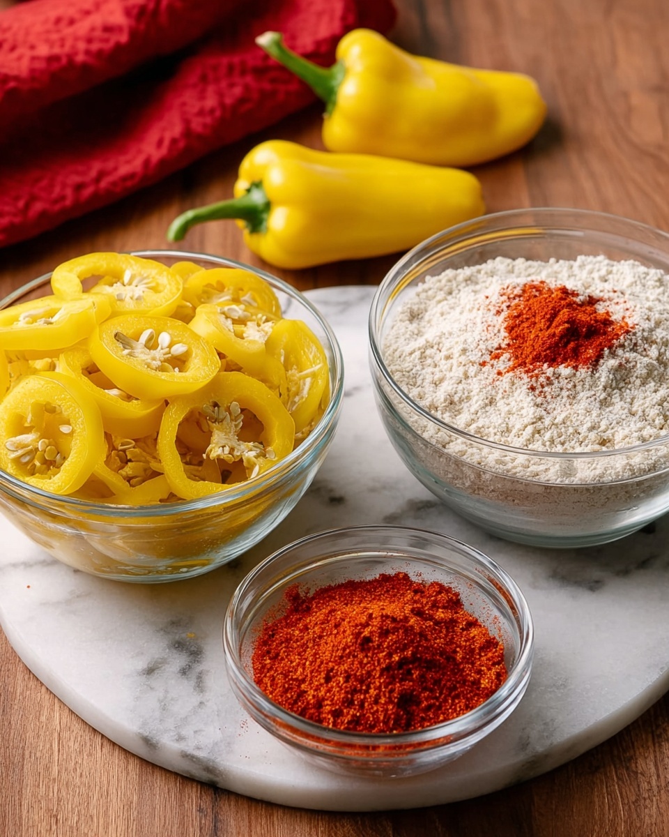 The image shows three clear glass bowls placed on a white marbled surface. The largest bowl on the left is filled with multiple slices of yellow pepper rings, each slice showing seeds inside. The largest bowl on the right contains a white, grainy powder with a small pile of bright red spice powder on top at the center. In front of these two bowls, there is a small bowl filled entirely with the same bright red spice powder. Two whole yellow peppers rest in the background behind the bowls, and a folded red cloth is seen in the upper left corner. photo taken with an iphone --ar 4:5 --v 7