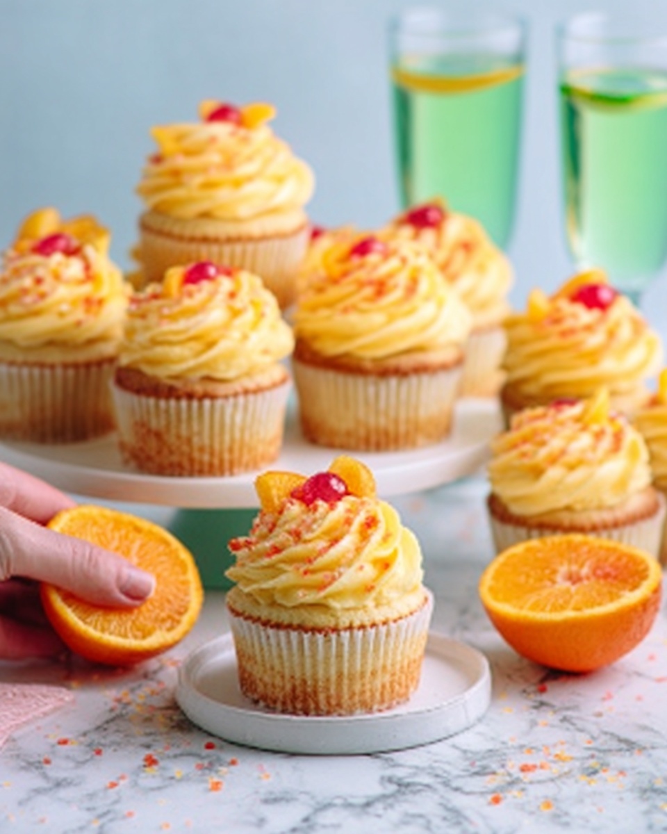 The image shows a group of cupcakes with soft yellow frosting swirled on top, garnished with small slices of bright orange fruit and tiny red dots. Each cupcake is placed on a clean white plate, and one cupcake is closer to the front with a woman's hand gently holding it. Around the cupcakes, there are whole orange fruits, some cut in half showing their juicy, bright interior. The background features a white marbled surface, and behind the cupcakes, there are two tall glasses filled with a light green drink. The whole setup looks fresh and colorful, photo taken with an iphone --ar 4:5 --v 7