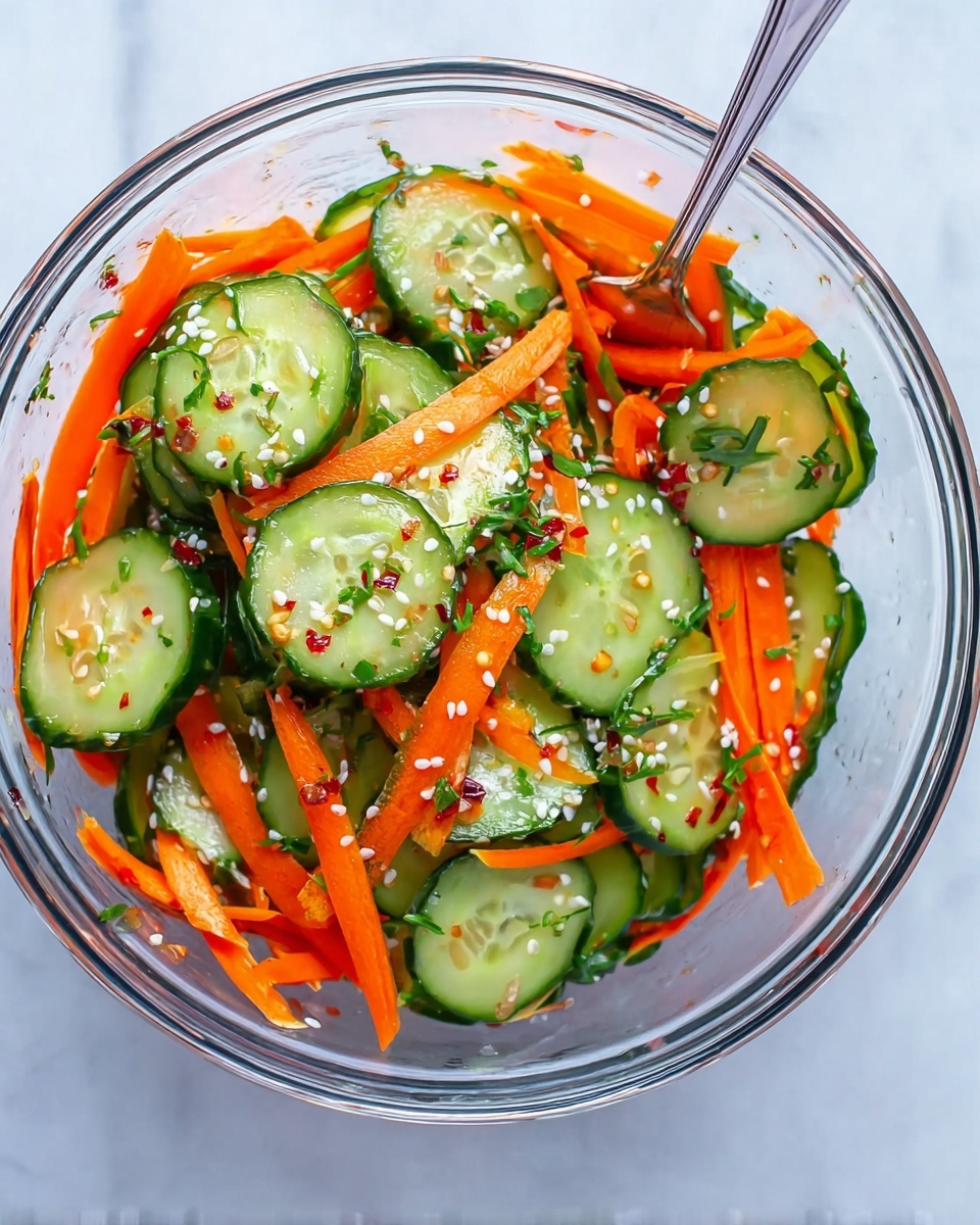 A clear glass bowl filled with a fresh salad showing two main layers: the bottom layer has thin, bright orange carrot sticks, and the top layer has medium-thick round cucumber slices with green skins. Small white sesame seeds and tiny green herb pieces are spread evenly on top, along with a few small red chili flakes. A silver fork is placed inside the bowl, touching the salad. The bowl rests on a white marbled surface photo taken with an iphone --ar 4:5 --v 7