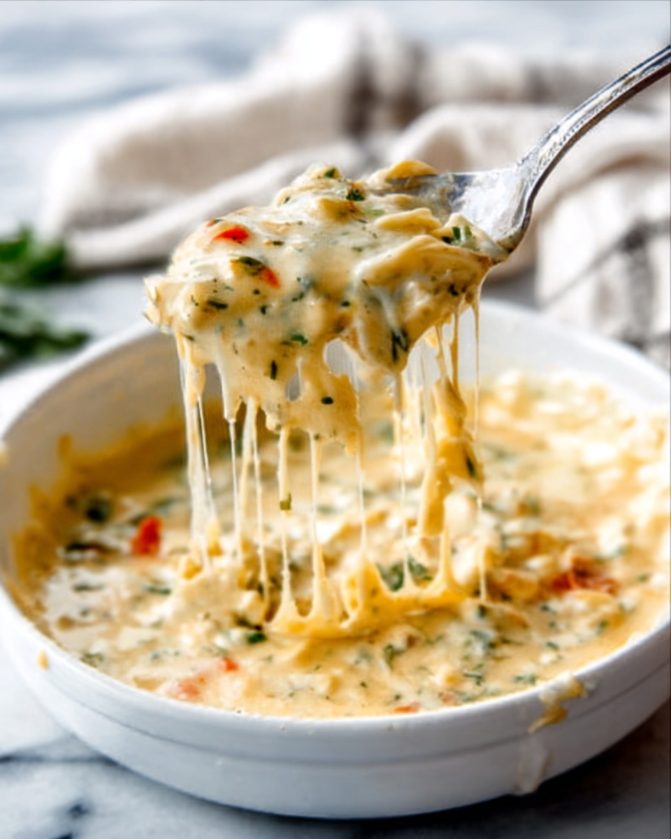 A close-up of a spoon lifting melted, creamy cheese mixed with small pieces of green herbs and bits of red pepper from a white bowl filled with thick cheesy dip. The cheese stretches in long thin strings from the spoon to the bowl. The bowl is placed on a white marbled surface, and a soft white and grey cloth is partly visible in the background. Photo taken with an iphone --ar 4:5 --v 7