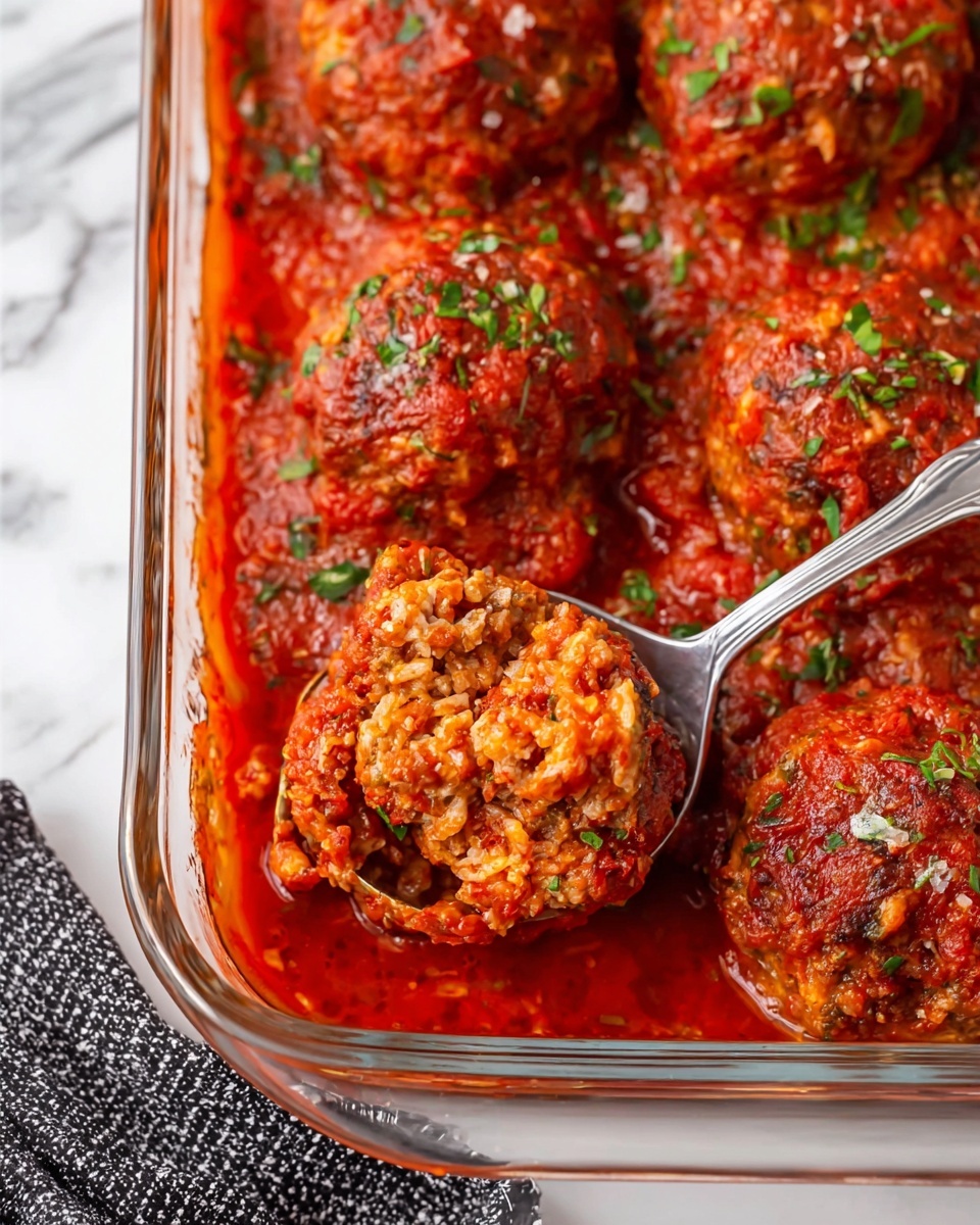 The image shows a clear glass baking dish filled with seven round meat and rice balls layered with thick red tomato sauce, sprinkled with small green herb pieces. Two silver spoons scoop a meatball from the dish, revealing the texture that mixes rice and meat with sauce coating each piece. The background is a white marbled surface with a black and white cloth at the bottom left corner. photo taken with an iphone --ar 4:5 --v 7