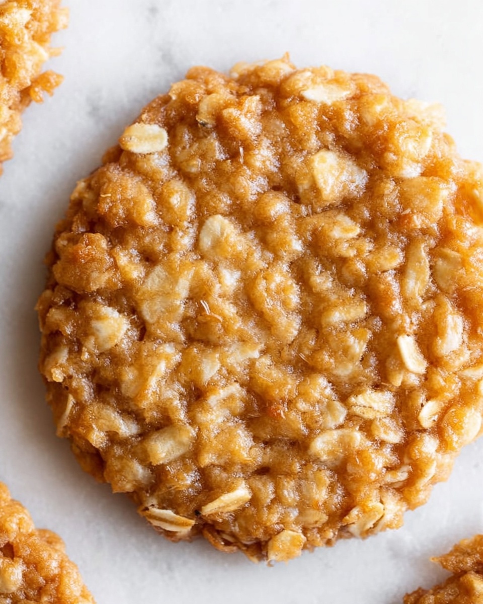 A close-up view of a single round cookie with a textured surface showing visible oats mixed throughout, giving it a rough and uneven look. The cookie is golden brown with some areas appearing slightly lighter or darker, indicating a crispy and baked texture. It lies flat on a white marbled surface, and the edges of the cookie show small bits of oats sticking out, adding to its rustic appearance. The shine on parts of the cookie suggests a slight glaze or melted sugar on top. photo taken with an iphone --ar 4:5 --v 7