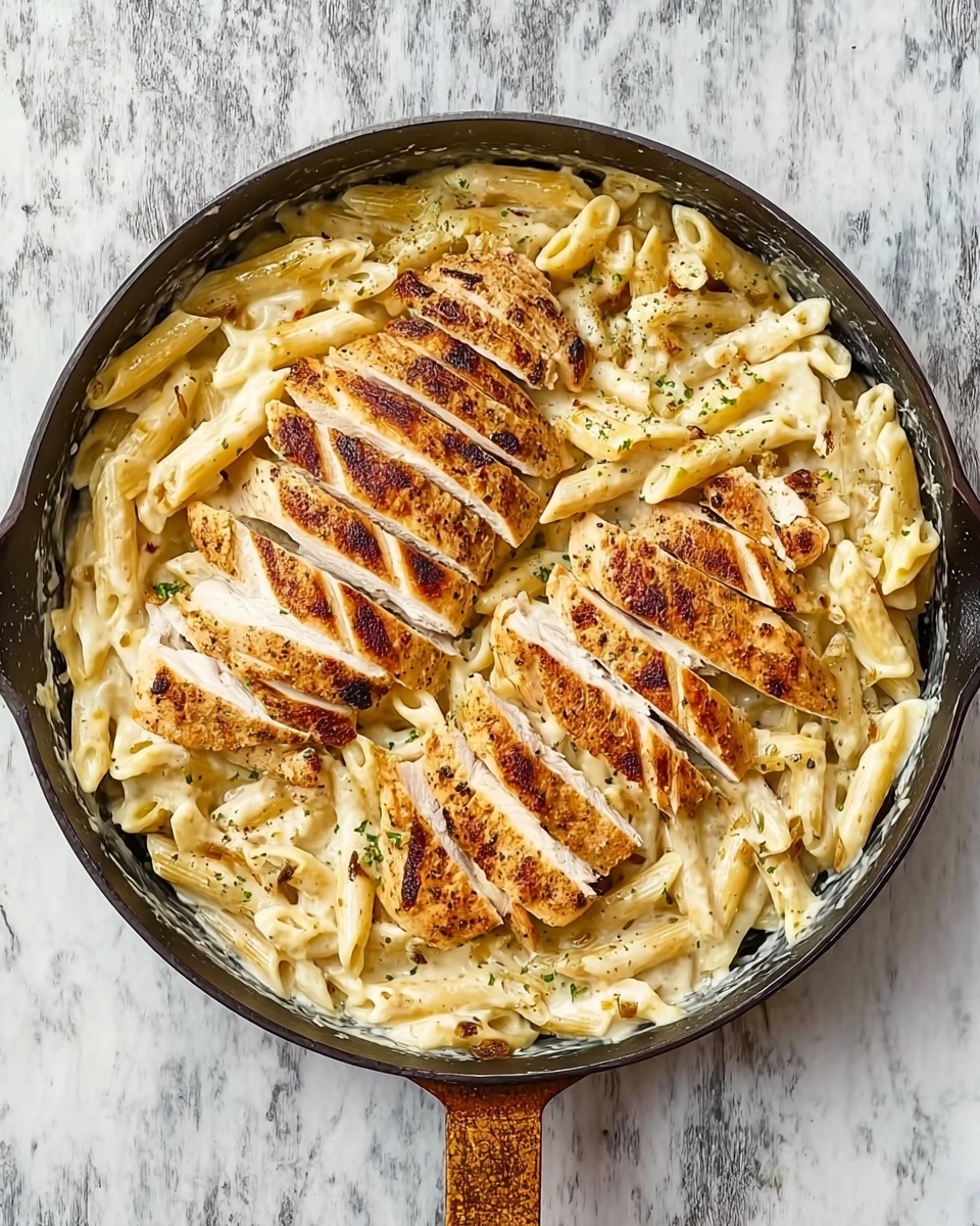 A close-up shows a spoon holding a serving of creamy pasta with penne noodles at the bottom, covered in a thick white sauce. On top of the pasta is a piece of grilled chicken, golden brown with some black pepper and bits of herbs. The background shows a white bowl filled with more pasta, resting on a white marbled surface. The overall colors are warm with shades of white, beige, and light brown. Photo taken with an iphone --ar 4:5 --v 7