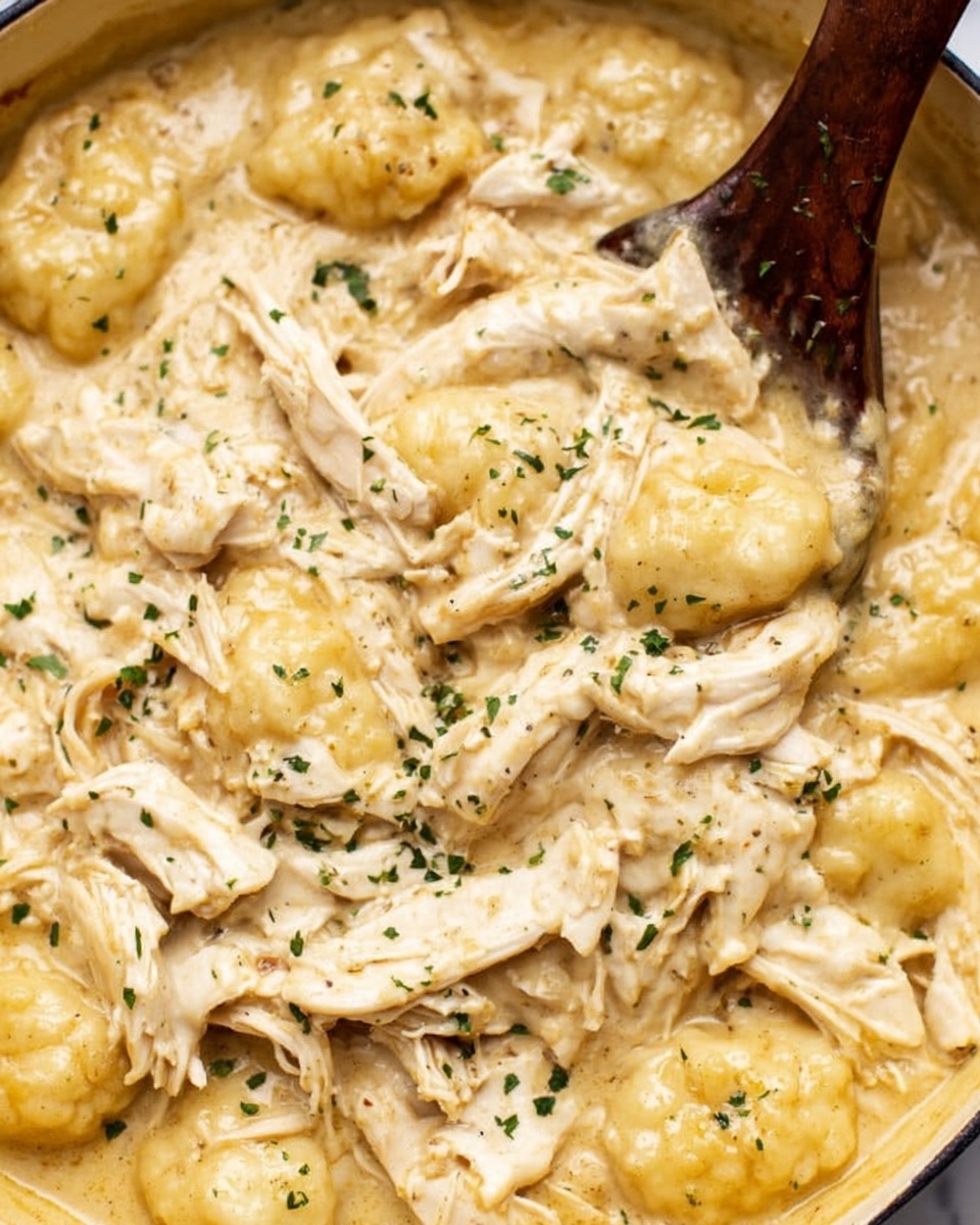 This close-up image shows pieces of shredded white chicken layered with small yellow dumplings, all covered in a thick, creamy beige sauce. Tiny green herbs are sprinkled evenly on top, adding a touch of color. A wooden spoon with a dark brown handle rests partially in the sauce, mixing with the chicken and dumplings. The dish sits on a white marbled surface, with no other items visible around it. Photo taken with an iphone --ar 4:5 --v 7