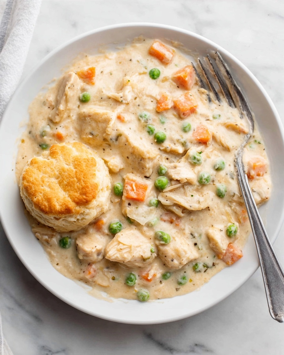 A white plate holds a creamy dish with visible chunks of tender chicken, soft orange carrot pieces, and green peas evenly mixed in a thick, pale beige sauce. On one side of the plate, there is a split biscuit with a golden-brown top and a soft, light interior soaked slightly by the creamy mixture. A silver fork rests beside the biscuit on the plate, all set on a white marbled surface. Photo taken with an iphone --ar 4:5 --v 7