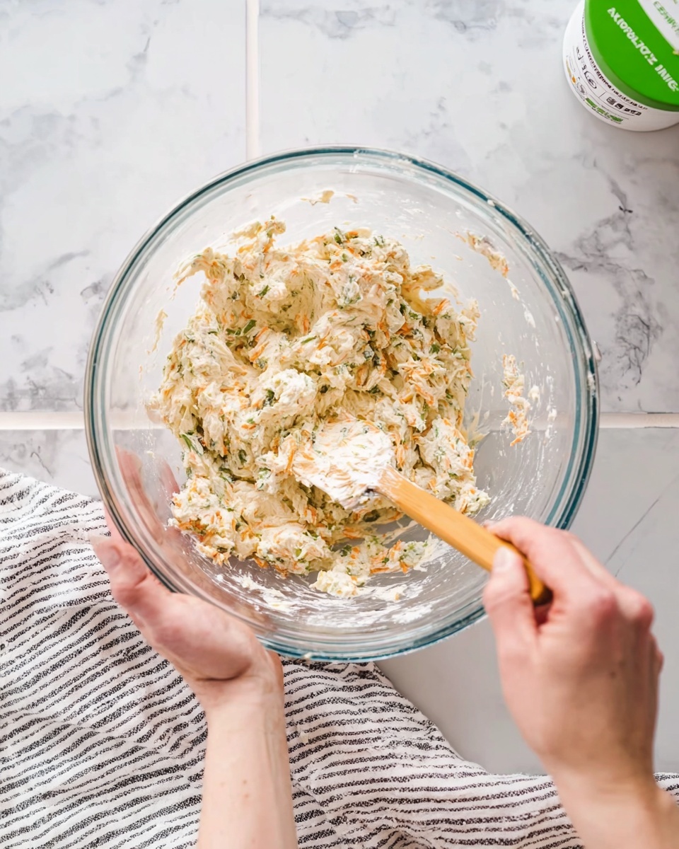 The image shows a clear glass bowl in the center filled with a white creamy mixture with some green herbs, being stirred with a white spatula that has a wooden handle. Above the bowl, a pair of woman's hands hold a small brown bowl, pouring a dry white powder with herbs into the creamy mixture. Surrounding this main bowl are smaller white bowls and a black bowl filled with different ingredients: one white bowl has shredded cheese, another has a red sauce, another white bowl holds crushed red pieces, and the black bowl contains chopped green cucumbers. The scene is set on a white marbled table. Photo taken with an iphone --ar 4:5 --v 7