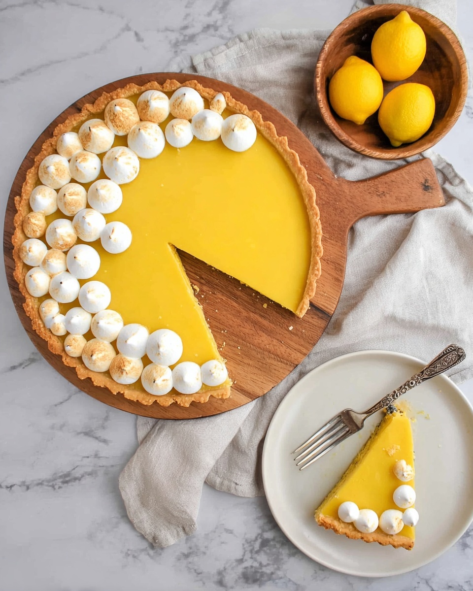 A round lemon tart with a golden-brown crust sits on a wooden board over a white marbled surface. The tart has a smooth, bright yellow lemon filling that covers most of its surface. On one side, there are small white dollops of meringue with a slightly toasted top, arranged in a dense cluster near the edge and spreading inward. A single slice is cut out from the tart and placed on a white plate nearby, showing the thick, creamy yellow filling and crisp crust. A small fork with a decorative handle lies next to the plate. In the top right corner, there is a wooden bowl with three whole bright yellow lemons on the white marbled surface. A soft white cloth is draped beneath the wooden board and around the plate. Photo taken with an iphone --ar 4:5 --v 7