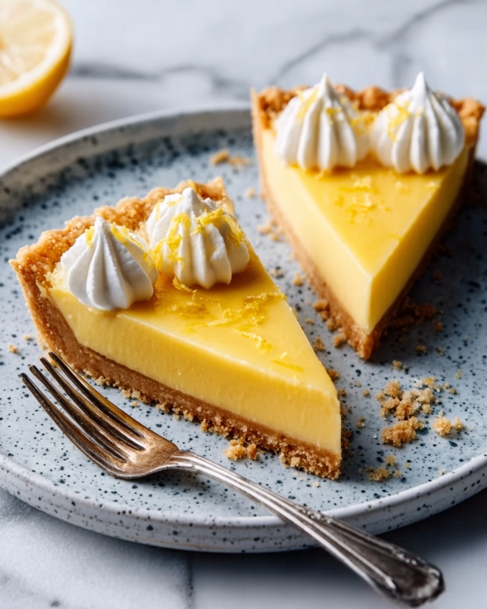 There are two slices of yellow lemon pie with a smooth texture, placed on a round white plate with a speckled blue pattern. Each slice has a thick golden brown crust at the bottom and a layer of white whipped cream decorated with small peaks on one edge. Small crumbs are scattered on the plate near the slices. A silver fork with a shiny surface rests on the plate beside the slices. The background is a white marbled texture. Photo taken with an iphone --ar 4:5 --v 7