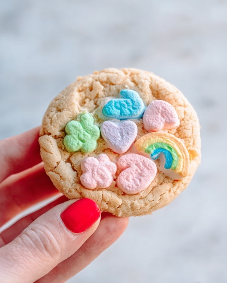 A woman's hand with red nail polish is holding a round cookie decorated with colorful marshmallow shapes on top. The cookie is light golden brown with a rough texture, and the marshmallows are soft and puffy, shaped like a rainbow, flower, heart, and a few other small shapes in pastel pink, blue, green, and purple colors. The background is a white marbled texture. Photo taken with an iphone --ar 4:5 --v 7