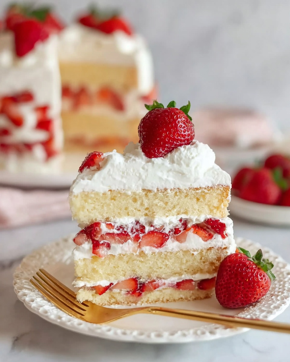 A slice of three-layer vanilla sponge cake with white whipped cream and chopped bright red strawberries between each layer and on top, crowned with a whole strawberry. The cake is on a white decorative plate with a gold-colored fork, set on a white marbled surface. A whole strawberry sits next to the cake slice. In the background, the full cake with similar layers is softly blurred. Photo taken with an iphone --ar 4:5 --v 7