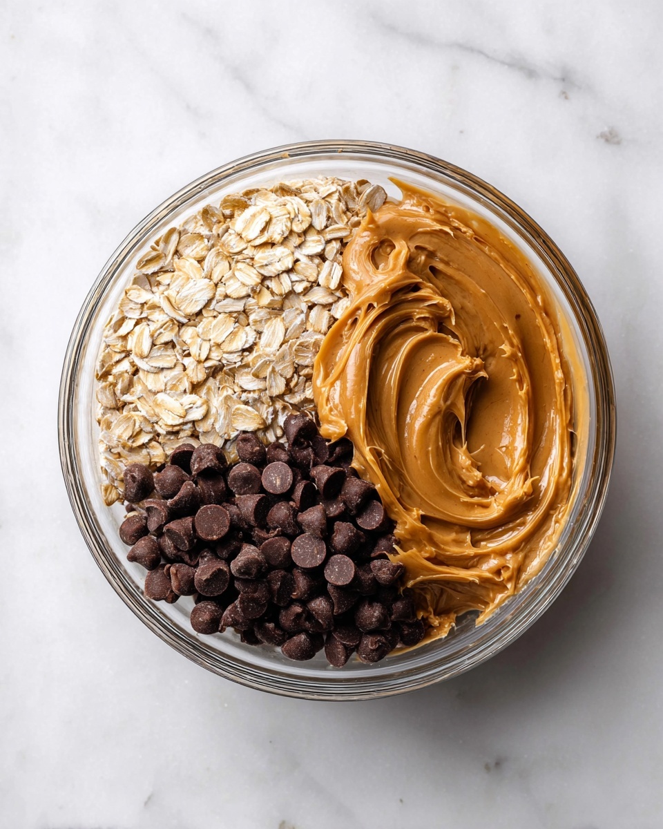 A clear glass bowl sits on a white marbled surface, filled with three distinct layers carefully placed side by side. One section has light beige dry rolled oats with a rough, flaky texture. Next to it, there is a smooth and thick layer of golden peanut butter with swirls creating a glossy, creamy look. The third section holds small, round dark brown chocolate chips, tightly packed together with a matte finish. The composition shows the three layers distinctly separated but close, creating a balanced and inviting mix. Photo taken with an iphone --ar 4:5 --v 7