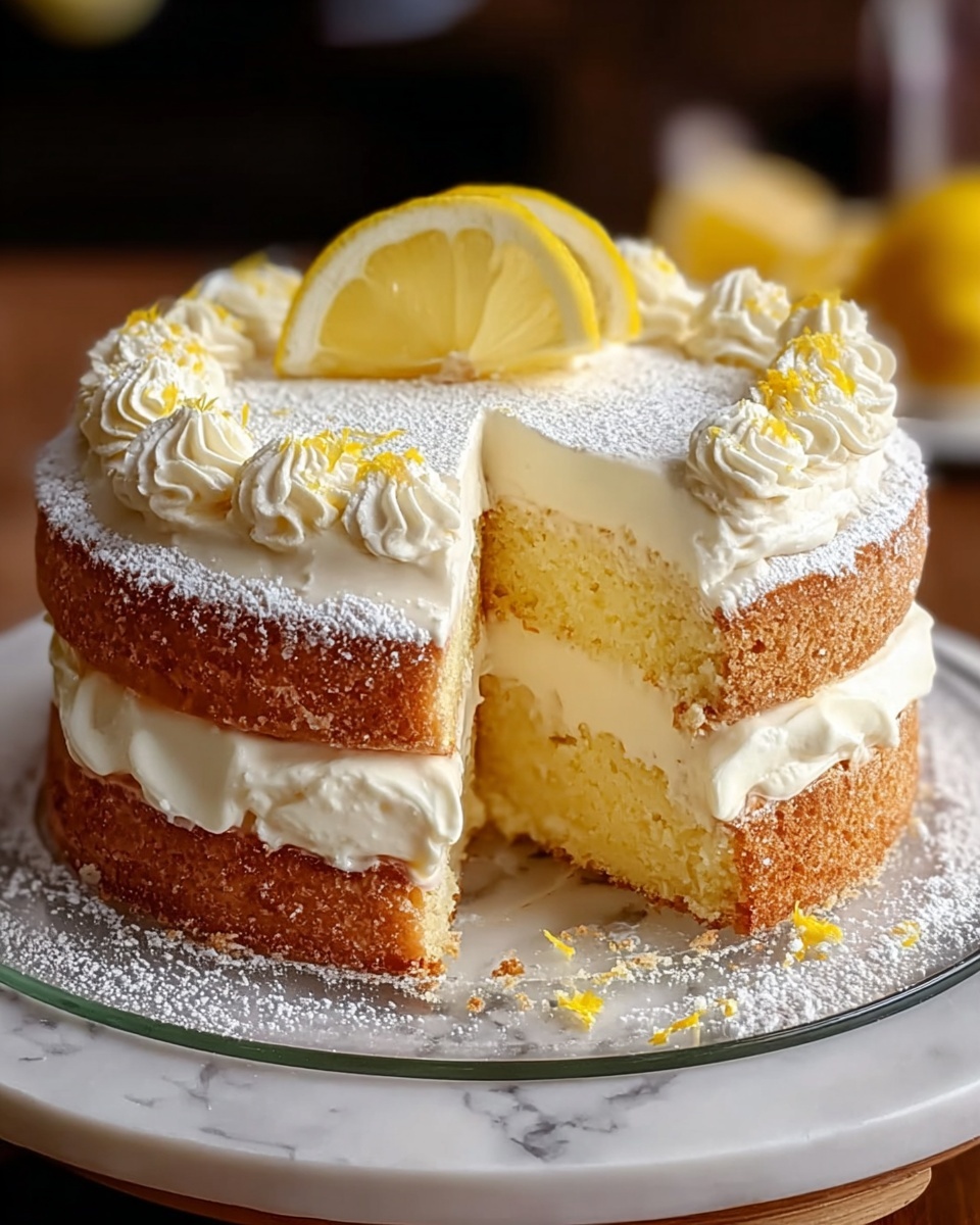 The image shows a two-layer lemon cake with light yellow sponge layers and thick white cream filling between them. The outside is covered smoothly in white cream, with small swirled cream decorations on top. Two thin lemon slices stand upright in the center on top of the cake. There is a thin dusting of powdered sugar over the top and some crumbs around the base on the white marbled surface. The cake is on a round glass plate placed on a wooden board. The photo taken with an iphone --ar 4:5 --v 7