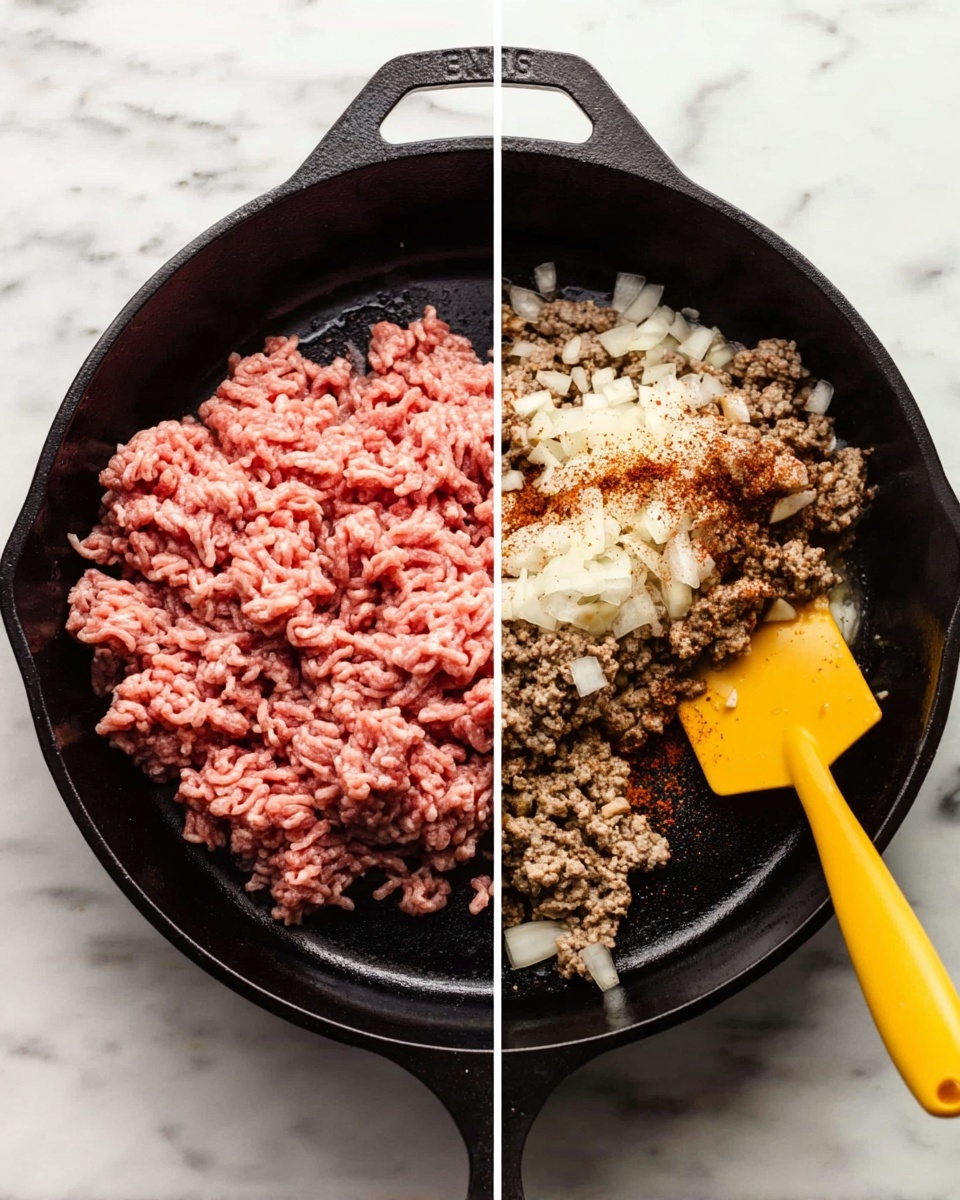 A black cast iron pan sits on a white marbled surface, filled with raw ground meat that is pink and soft with visible strands. In the next image, the pan holds browned crumbled meat mixed with white chopped onions, light brown garlic pieces, and a sprinkling of various reddish-brown and beige spices on top. A yellow spatula rests inside the pan on the right side. Photo taken with an iphone --ar 4:5 --v 7