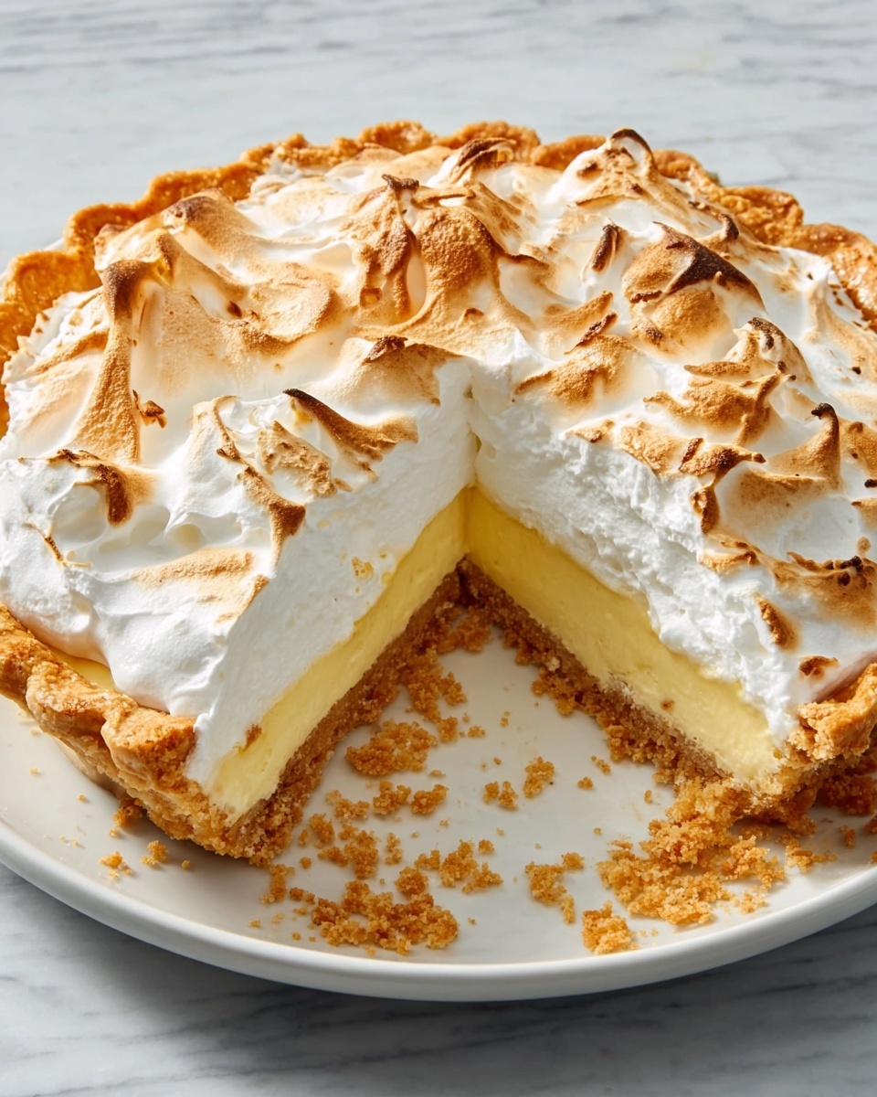A white plate holds a pie consisting of three layers: the bottom layer is a golden brown crust with a slightly crumbly texture and scalloped edges; the middle layer is smooth and pale yellow, appearing creamy and thick; the top layer is a fluffy, white meringue with toasted golden brown peaks spread unevenly across the surface. A slice has been taken out, showing the layers clearly. The plate sits on a white marbled surface. Photo taken with an iphone --ar 4:5 --v 7