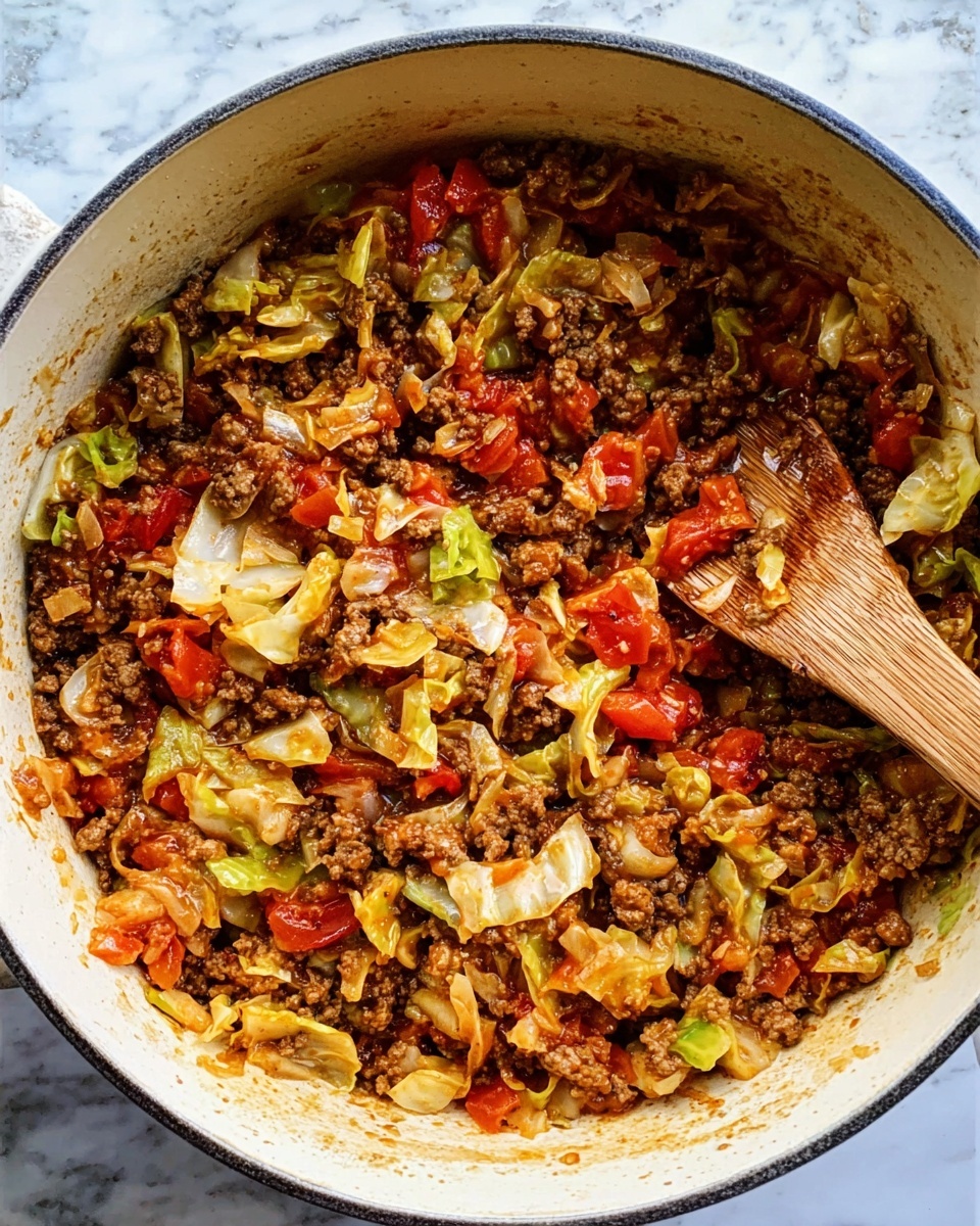 A white pot filled with cooked ground meat mixed with chopped red tomatoes and pieces of green and white cabbage, creating a textured mixture with both soft and slightly crisp vegetables. There is a wooden spatula resting inside the pot, partially covered in the food. The background and surface show a white marbled texture. Photo taken with an iphone --ar 4:5 --v 7