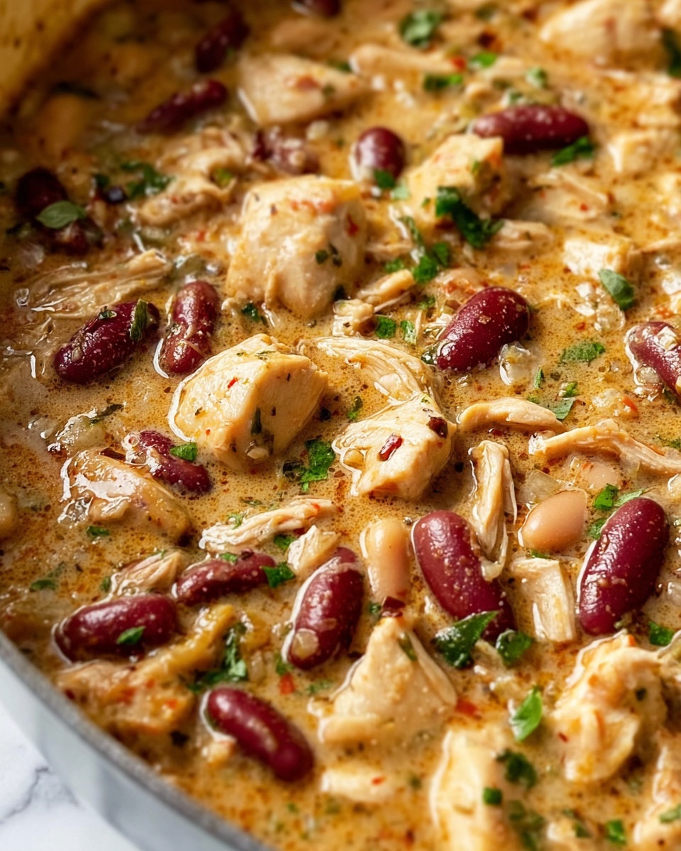 This close-up image shows a creamy stew with several layers of ingredients. The base layer is a rich, light brown creamy sauce speckled with tiny herbs and spices. Mixed within the sauce are chunks of white meat, shredded pieces, and many kidney beans in dark maroon and light beige colors. Small green herb pieces are spread evenly all over, adding a fresh look. The textures vary from tender meat to smooth beans, all combined in the sauce. The dish looks warm, hearty, and full of flavor on a white marbled surface. photo taken with an iphone --ar 4:5 --v 7