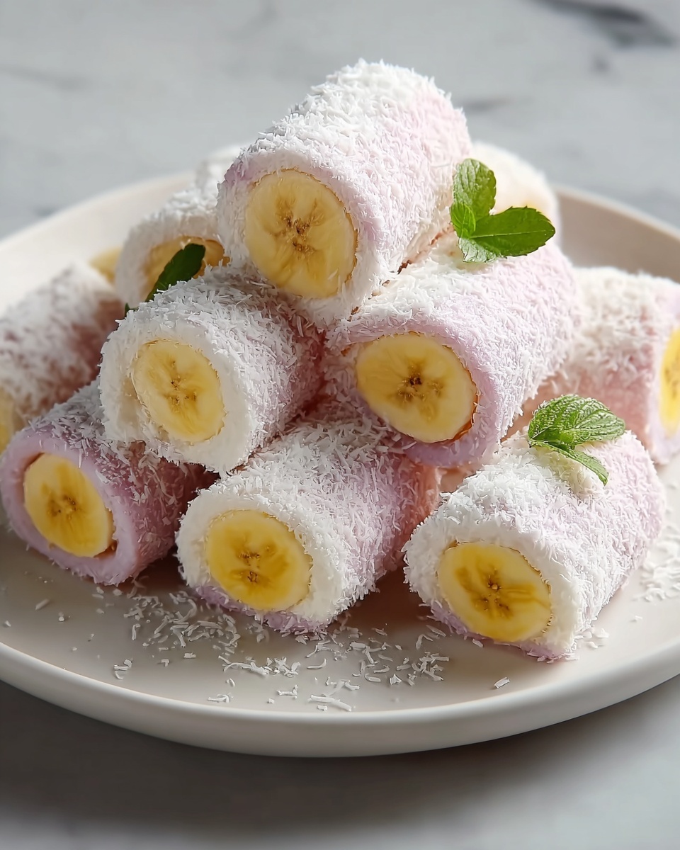 The image shows a white plate filled with small, cylindrical dessert rolls arranged in a pile. Each roll has three layers: the innermost is a yellow banana, surrounded by a pale creamy layer, and the outer layer is light pink with a soft, smooth texture. The rolls are covered with a fine white powder that looks like shredded coconut. A few small green leaves are placed among the rolls for decoration. The plate sits on a white marbled surface. photo taken with an iphone --ar 4:5 --v 7