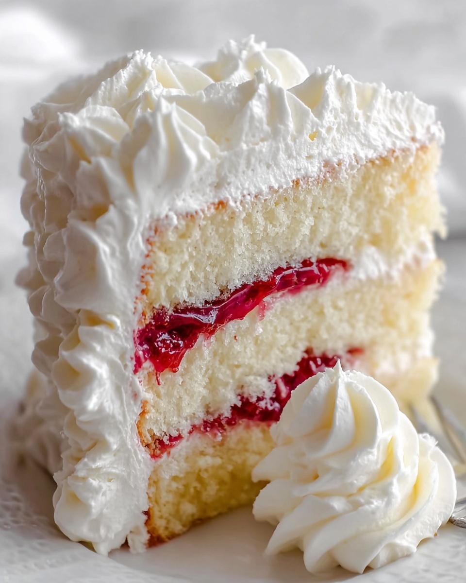 A close-up view of a white cake slice on a white plate with a white marbled surface in the background, showing two soft, light yellow layers of sponge cake separated by two thin red strawberry jam layers; the outside of the cake is covered in thick, fluffy white whipped cream with swirled textured peaks around the edges; a dollop of the same whipped cream sits near the cake slice on the plate, with a woman's hand partly holding the plate from the right side photo taken with an iphone --ar 4:5 --v 7
