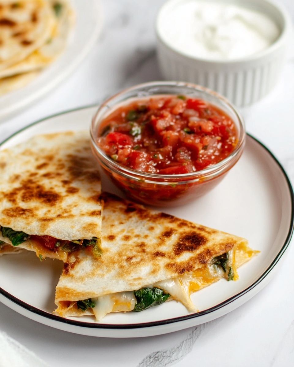 The image shows a white plate with black rim holding three triangular quesadilla pieces layered with melted cheese and green leafy vegetables visible at the edges, each piece has a toasted, golden-brown surface with some darker spots. In the center of the plate, there is a clear glass bowl filled with chunky red salsa containing visible pieces of tomato and green peppers. Behind the plate, slightly blurred, is a white bowl with white creamy dip. The whole setting is on a white marbled surface with bright lighting, capturing the textures and colors clearly. Photo taken with an iphone --ar 4:5 --v 7