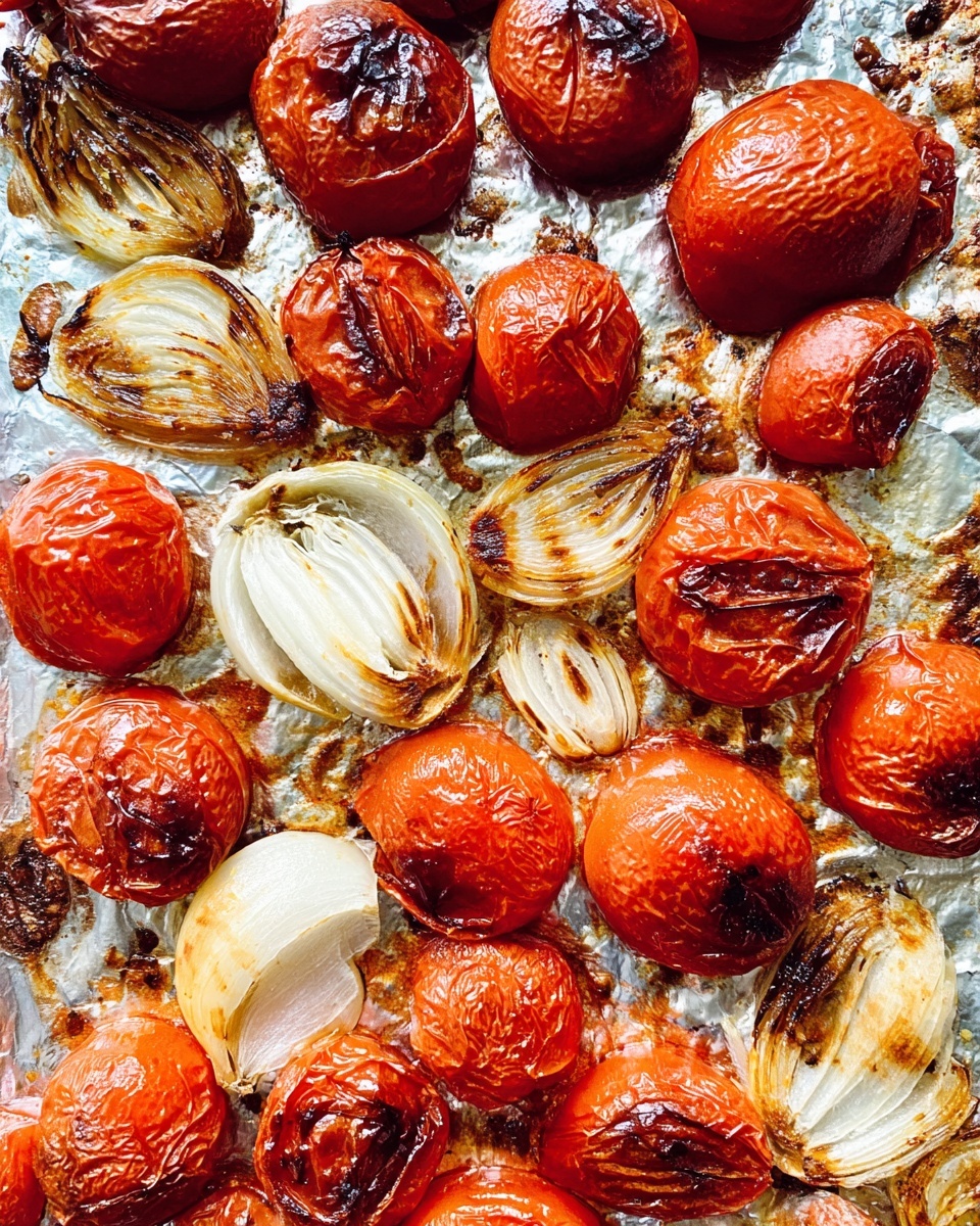The image shows roasted red tomatoes and pieces of roasted onions spread closely together on a crinkled aluminum foil background. The tomatoes are round and have a wrinkled, dark red skin with some charred black spots. The onion parts are a mix of white and light brown with a slightly caramelized texture, showing layers from the onion bulbs with some grill marks. The colors are warm with reddish, white, brown, and black tones creating a rustic look. The surface beneath the foil has a white marbled texture. photo taken with an iphone --ar 4:5 --v 7