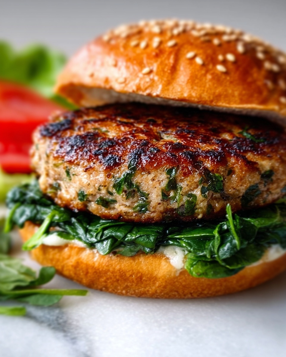 The image shows a close-up of a burger with a golden-brown sesame seed bun. Inside, there is a thick, grilled patty with a slightly crispy, browned surface mixed with green herbs. Below the patty, there is fresh, wilted leafy spinach that looks soft and green. The bottom bun is slightly visible and appears toasted. In the background, some slices of green lettuce and red tomato are blurred out. The whole scene is set on a white marbled surface. Photo taken with an iphone --ar 4:5 --v 7