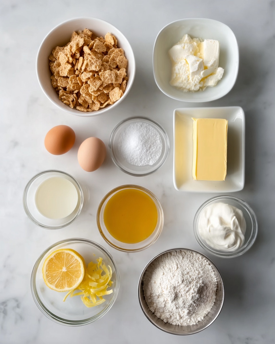 The image shows nine small white and clear bowls and dishes arranged on a white marbled surface. At the top left, a white bowl holds light brown broken cereal pieces. To its right, a clear bowl contains white granulated sugar. Below the sugar, a white dish has a yellow block of butter. Below the cereal, a white bowl has clear light yellow liquid. In the center, a small clear bowl has white salt beside it. Below the salt, half a lemon with bright yellow skin and pulp sits next to a small white dish with thin strips of lemon zest. Near the bottom left, there are three eggs—two light brown and one white. To the right of the eggs, a clear bowl holds golden honey. Next to the honey, a white bowl contains fluffy white cream cheese or yogurt. Finally, at the bottom right, a small metal bowl is filled with white flour. The light is soft and natural. Photo taken with an iphone --ar 4:5 --v 7