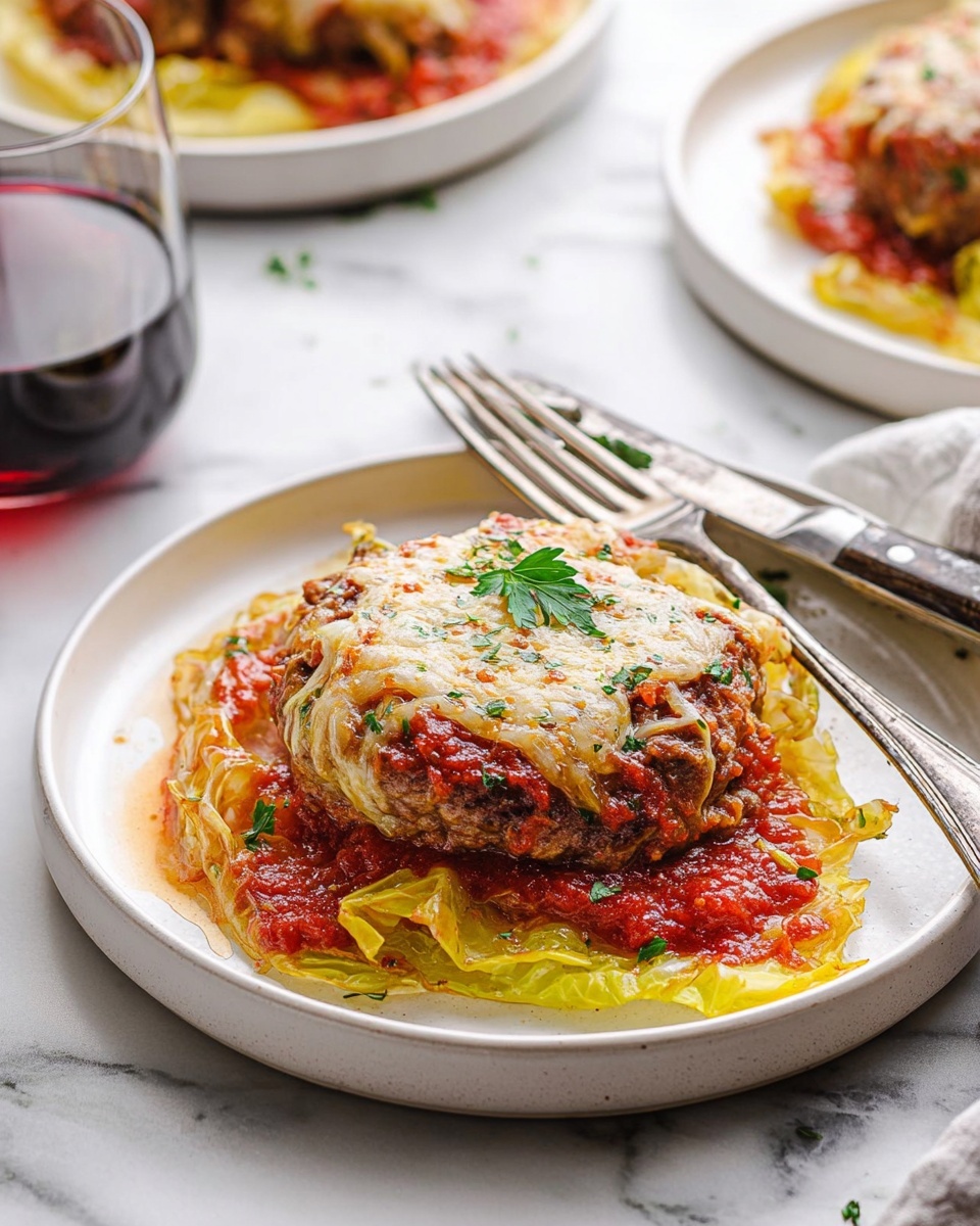A white plate with three visible layers of food placed in the center. The bottom layer is light yellow-green cooked cabbage leaves forming a loose circular base with a slightly soft texture. On top of that is a bright red cooked tomato sauce layer spread evenly. The top layer consists of a thick, browned cooked meat patty covered with melted cheese that has a golden, slightly bubbly surface with bits of green herbs sprinkled inside and on top. A small green parsley leaf is placed on the cheese for garnish. Next to the plate is a fork and knife with metal handles. The plate rests on a white marbled surface, and to the upper left, there is a glass with dark red liquid inside. In the background to the upper right, some similar plates with the same dish can be partially seen. Photo taken with an iphone --ar 4:5 --v 7