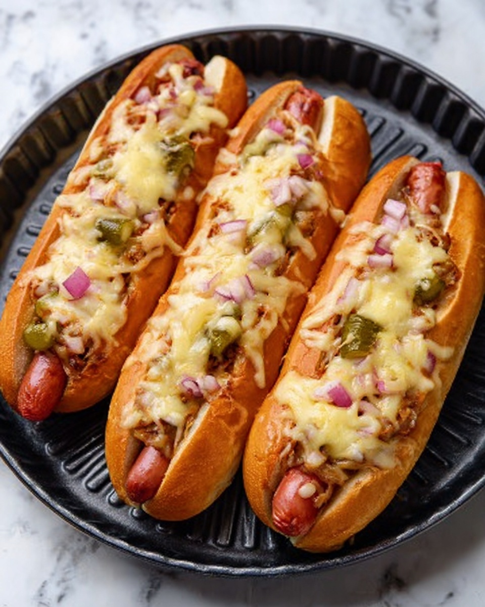The image shows three hot dogs in soft brown buns placed inside a black fluted round pan on a white marbled surface. Each hot dog is topped with melted light yellow cheese covering a layer of small diced pink onions and green pickles. The hot dog sausages have a cooked reddish-brown skin that peeks out under the toppings and buns. The cheese topping looks stringy and slightly golden in spots, adding texture to the smooth buns and sausage. photo taken with an iphone --ar 4:5 --v 7