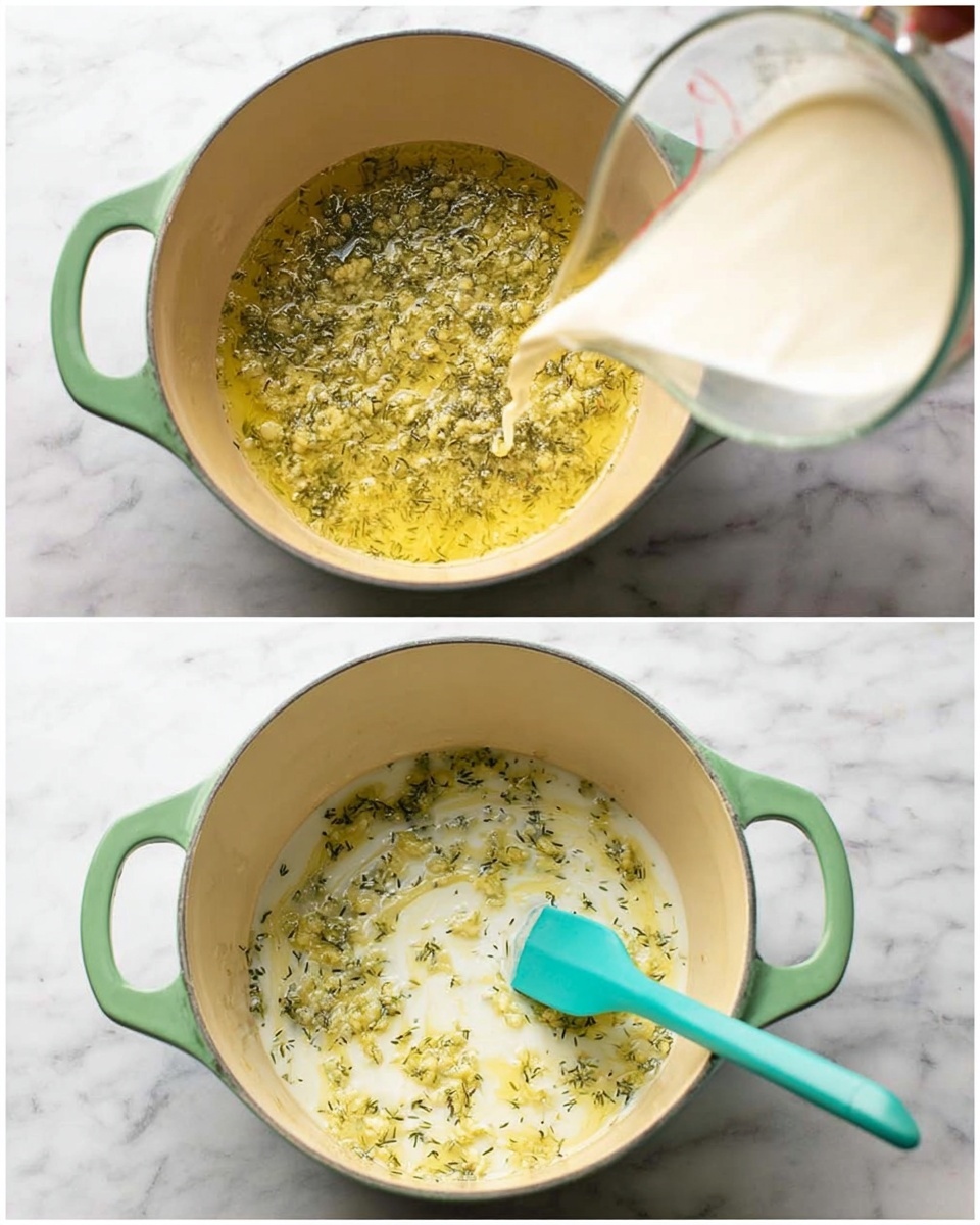 The image shows a green pot with a beige inside placed on a white marbled surface. The first layer inside the pot has melted butter mixed with finely chopped garlic and herbs, creating a yellow and green speckled texture spread evenly on the pot's base. A turquoise spatula is stirring the mixture from the right side in the first photo. In the second photo, a clear measuring cup is pouring a white creamy liquid into the pot, which now has the butter-herb mixture floating on top, forming a marbled pattern blending cream and green herb bits. Photo taken with an iphone --ar 4:5 --v 7