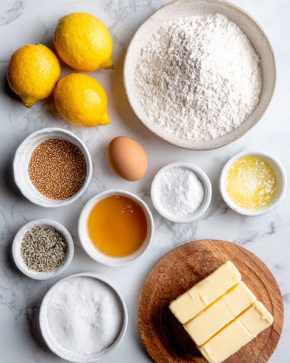 The image shows a white marble table with various baking ingredients arranged neatly. There are three yellow lemons at the top left, a bowl of white flour at the top right, and a small white bowl of salt next to them. Below are different small white bowls containing honey, white sugar, and seeds. In the center, an egg sits on the marble, and at the bottom right, a small round wooden board holds two sticks of butter. The arrangement looks clean and organized, capturing the ingredients for baking, photo taken with an iphone --ar 4:5 --v 7