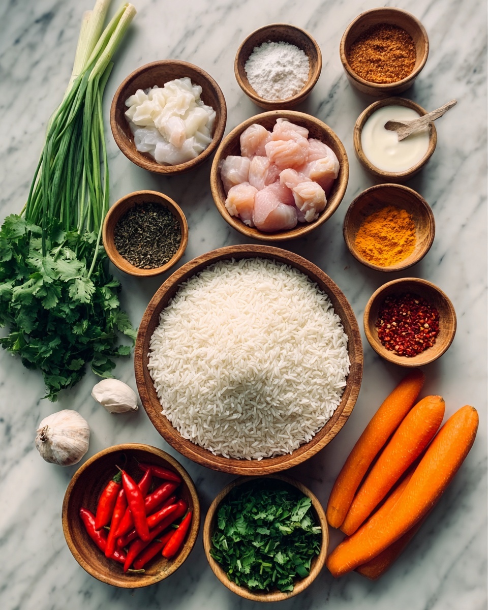 The image shows a white marbled surface with several wooden bowls and ingredients neatly arranged. In the center, there is a wooden bowl filled with white rice, surrounded by another wooden bowl with raw chicken pieces, a bowl of fresh green leafy herbs, and multiple small white bowls holding different colorful spices like red chili flakes and brown powder. Fresh orange carrots are placed at the bottom right, while bright red chili peppers and green onions sit to the left. Fresh garlic cloves, some cilantro, and a small white bowl with a creamy white sauce or yogurt are also visible. The scene is organized and colorful, with all items distinctly visible. Photo taken with an iphone --ar 4:5 --v 7