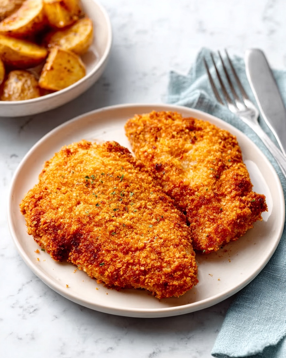 A white plate sits on a white marbled surface with two pieces of golden-brown breaded chicken, crispy and textured, occupying most of the plate’s center. A silver fork lies to the upper right on a light blue cloth napkin, adding a soft touch to the scene. In the top left corner, a white bowl filled with roasted potatoes, golden and slightly crispy on the edges, is partially visible. The lighting highlights the crunchy texture of the chicken and the warm, inviting colors of the roasted potatoes. Photo taken with an iphone --ar 4:5 --v 7
