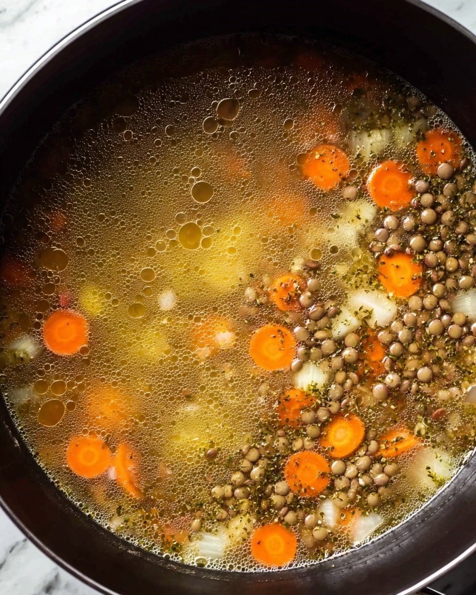 A large black pot filled with clear broth soup showing several visible layers: the base layer is a light golden liquid broth scattered with small bubbles, on top there are round slices of bright orange carrots, tiny brown lentils clustered mostly on one side, and small white pieces of onions and celery spread throughout. Herbs sprinkled evenly over the surface add a speckled texture. The pot rim is visible, sitting on a white marbled surface. photo taken with an iphone --ar 4:5 --v 7