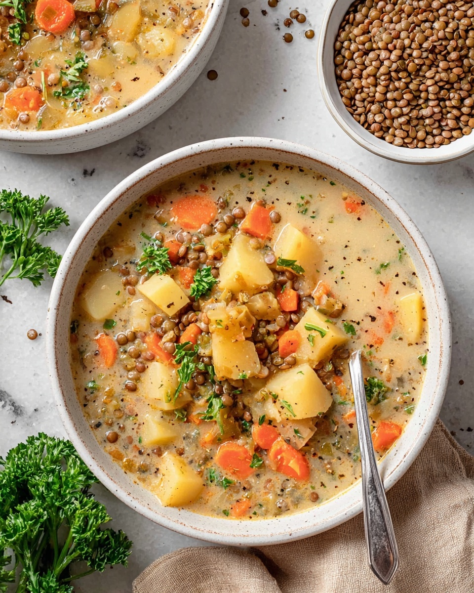 A white bowl filled with a thick soup showing three main layers: a light creamy broth base with visible small black herbs and specks, a middle layer of diced pale yellow potatoes and orange carrot slices evenly spread throughout, and a top layer of small brown lentils with a few bright green parsley leaves scattered over. A silver spoon rests inside the bowl on the right side. Behind and above the bowl, there is a white bowl filled with dry brown lentils. The background is a white marbled surface, accented by a folded beige cloth napkin on the lower left side and a bunch of green parsley at bottom left. Photo taken with an iphone --ar 4:5 --v 7