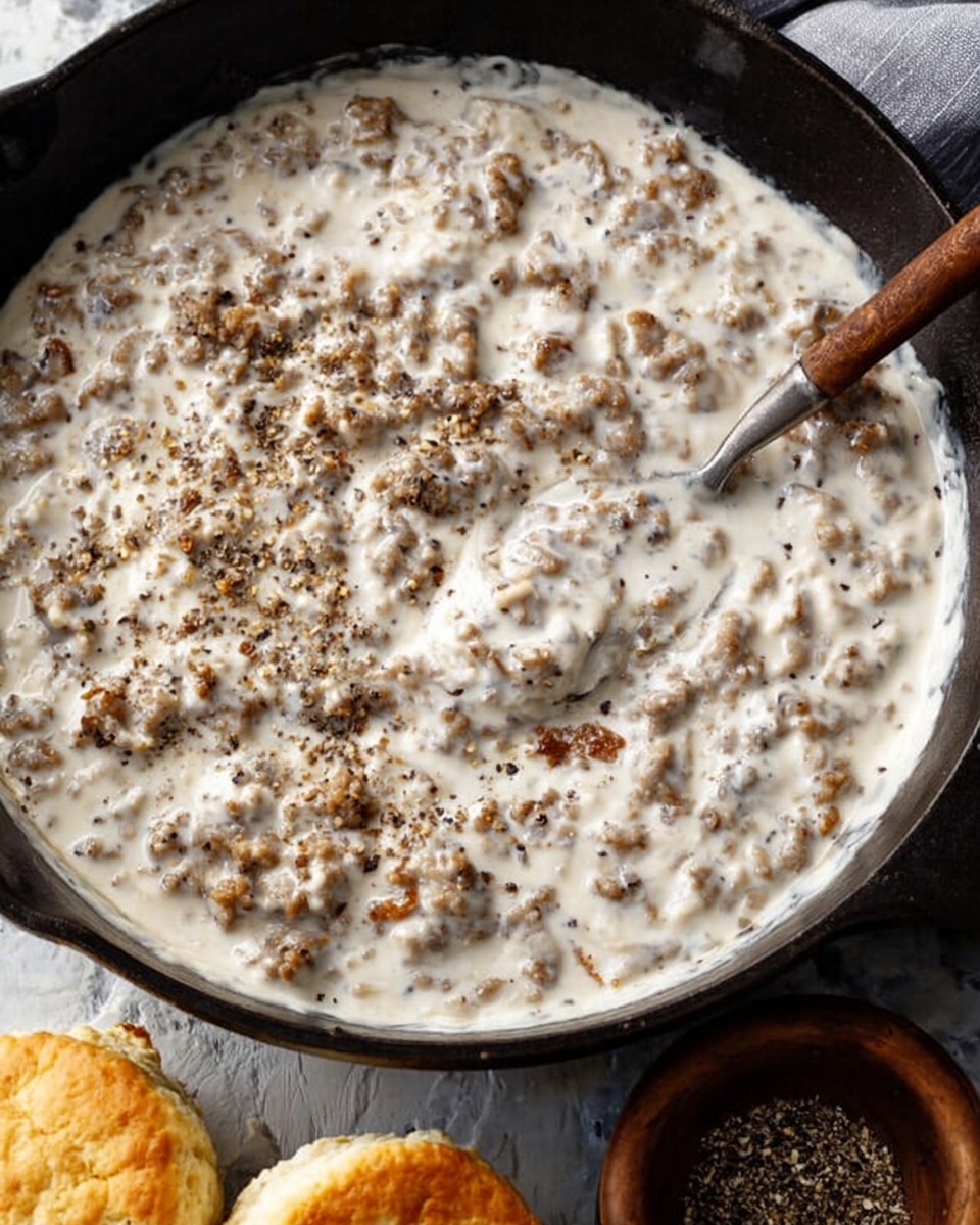 The image shows a close-up view of creamy sausage gravy in a black cast iron skillet. The gravy is thick and white with small brown sausage pieces spread evenly throughout. A metal spoon rests partly in the gravy, showing its creamy texture. At the bottom right, two golden-brown biscuits sit on a surface with a white marbled texture, adding contrast to the dish. A small round bowl with ground black pepper is visible near the skillet, also on the white marbled surface. The photo taken with an iphone --ar 4:5 --v 7