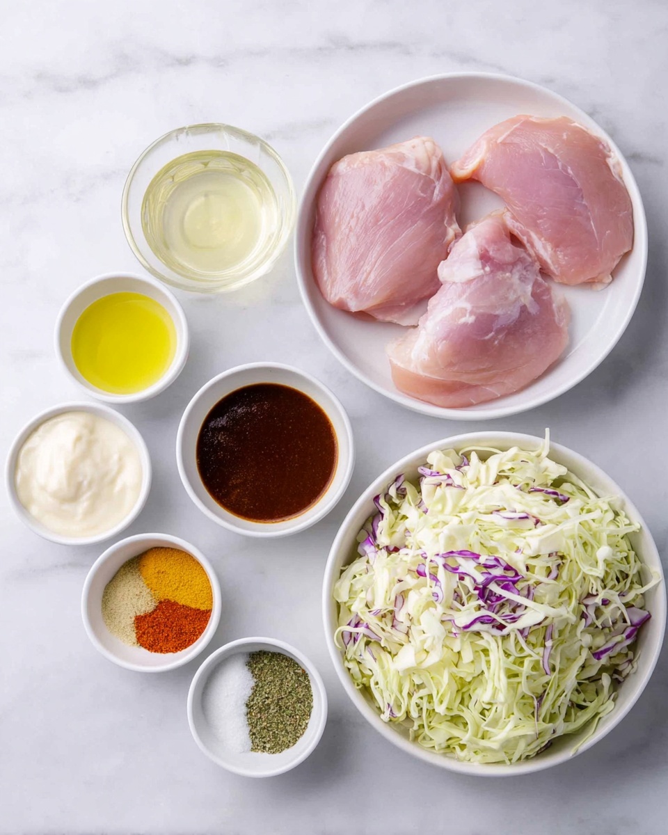 Two large pieces of raw pale pink chicken are inside a white bowl at the top center. Below, there are eight small white bowls arranged in a loose circle on a white marbled surface. To the right, a bowl is filled with shredded cabbage that is mainly light green with some purple shreds mixed in. Clockwise from the bowl of cabbage, there is a clear pale yellow liquid in a small bowl, a white powder with green herbs in another bowl, and a small bowl with four sections containing bright yellow, light brown, reddish-orange, and salt-like white spices. Below the chicken bowl, there is a dark brown sauce with a smooth texture and a white creamy sauce next to it. At the far left, a white creamy sauce with a slight yellow tint is in a bowl with a soft, smooth texture. The whole setup looks bright and neat. Photo taken with an iphone --ar 4:5 --v 7