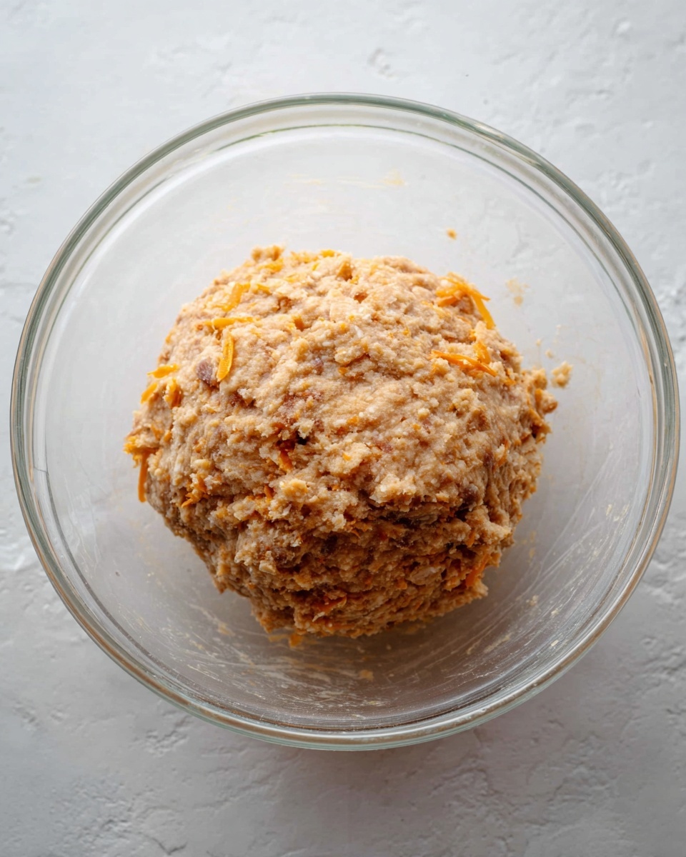 A clear glass bowl sits on a white marbled surface, holding one large ball of thick, mixed dough that is light brown with a rough texture and scattered orange shredded pieces evenly mixed inside. The dough appears dense and slightly crumbly, tightly gathered into a round mound in the center of the bowl. Photo taken with an iphone --ar 4:5 --v 7