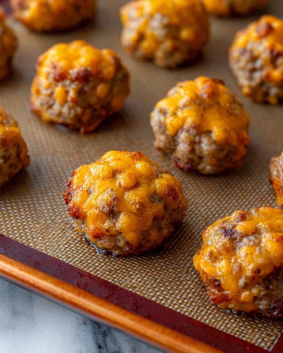 The image shows several round, cooked meatballs with melted orange cheese baked on top, giving them a bumpy, textured look. The meatballs are arranged spaced apart on a brown baking sheet with a textured liner. The baking sheet edges are dark with an orange-brown rim, and the surface beneath the sheet is a white marbled texture. The meatballs have a mix of brown and orange colors, with the cheese slightly browned and some small darker spots on the bottom. Photo taken with an iphone --ar 4:5 --v 7