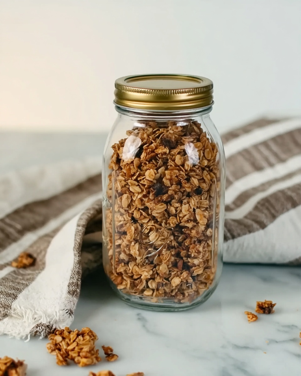 A clear glass jar with a gold metal lid is filled with chunky, light brown granola pieces that have a rough texture and hints of darker bits inside. The jar is placed on a white marbled surface scattered with a few small pieces of granola. Behind the jar, there is a folded white and brown striped cloth with a rough edge resting on the same surface, adding a soft contrast to the crunchy granola. The background is plain and light, keeping the focus on the jar and its contents photo taken with an iphone --ar 4:5 --v 7