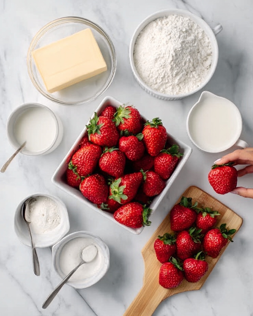 The image shows fresh strawberries arranged in a white square bowl filled to the top with bright red strawberries with green leafy tops. Beside it, there is a wooden paddle holding a neat pile of strawberries with one strawberry held by a woman's hand picking it up. Surrounding these are small white bowls and containers holding white sugar, milk, a block of butter on a white butter dish, and a white bowl full of flour. All items are placed on a white marbled surface, giving a clean and fresh look. Photo taken with an iphone --ar 4:5 --v 7
