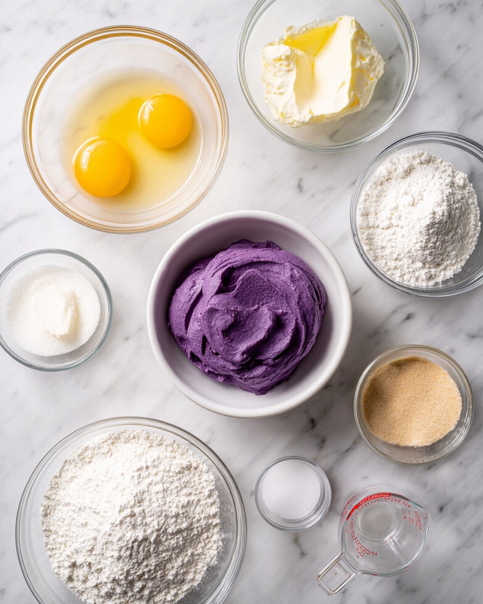 The image shows several clear glass bowls arranged on a white marbled surface, each filled with different baking ingredients. In the center is a white bowl filled with purple paste, which has a smooth, dense texture. Around it, starting from the top left and going clockwise, there is a glass bowl with two bright yellow egg yolks, a small glass bowl with white cream, a large glass bowl with a clear yellow liquid, a small glass bowl with white powder, a big glass bowl with white flour, another small glass bowl with a bit of white powder, a glass bowl with light brown sugar, and finally a small plastic measuring cup with a clear liquid. The overall setup is neat and clean. photo taken with an iphone --ar 4:5 --v 7