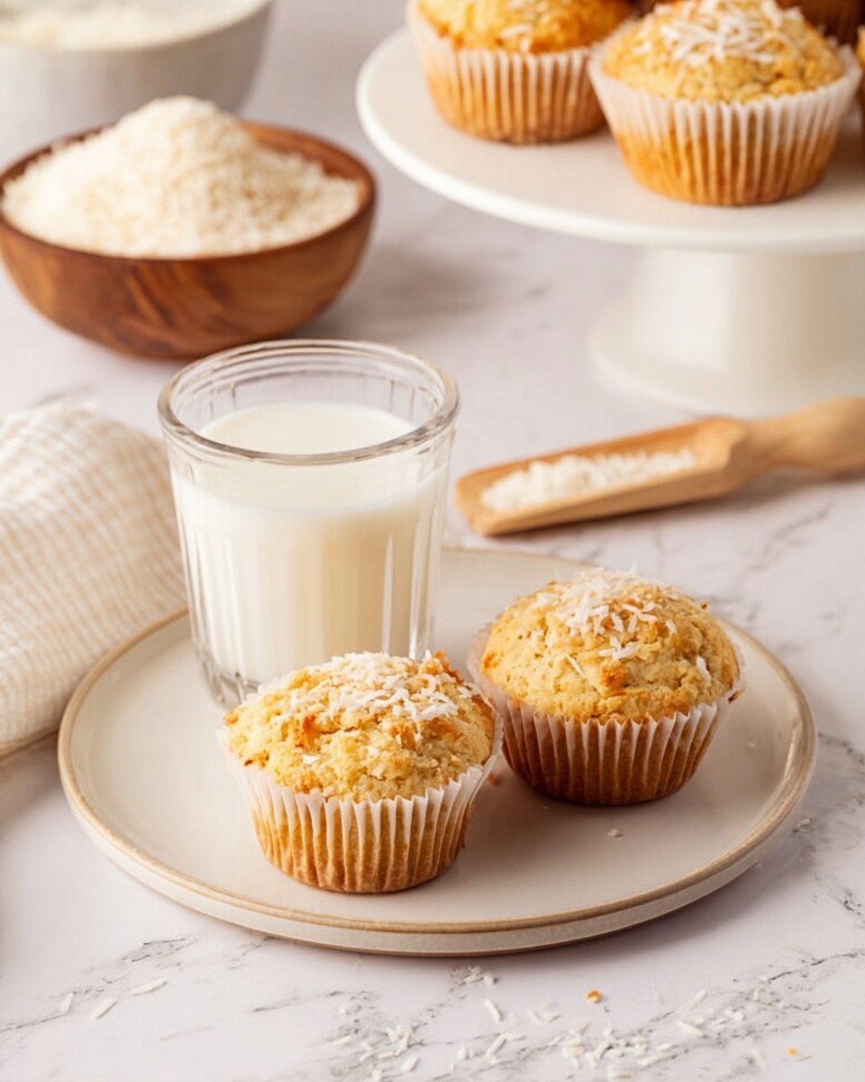 The image shows a white plate with a thin beige rim, holding three light golden brown muffins topped with shredded coconut, each in a white paper cup. A clear glass filled with white milk is placed in the center of the plate behind the muffins. In the background, there is a white bowl filled with shredded coconut and a wooden scoop, along with a white cake stand holding more muffins with the same topping. The surface is a white marbled texture. Photo taken with an iphone --ar 4:5 --v 7